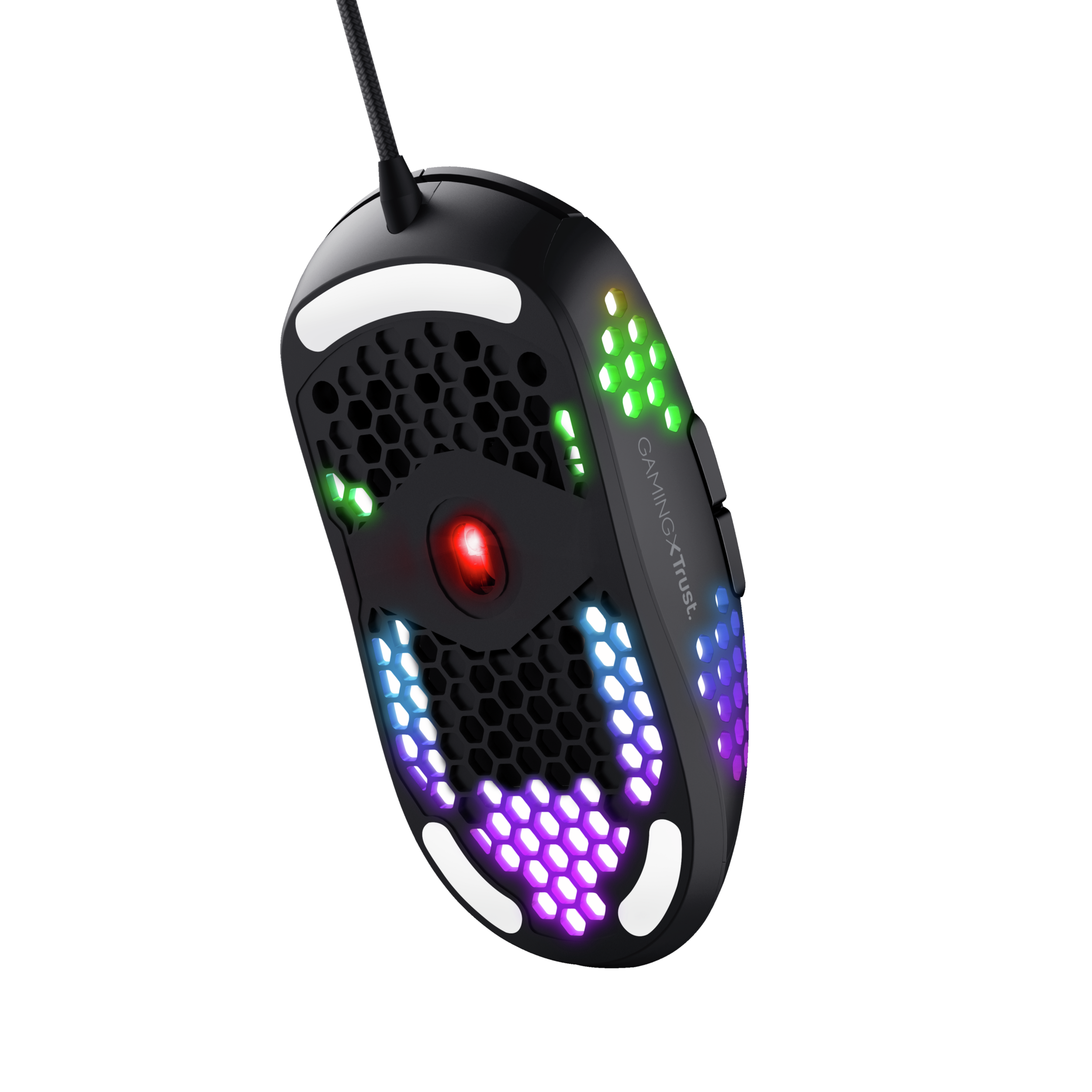 Czarna mysz do gier z podświetleniem RGB, wzorem plastra miodu i czerwonym przyciskiem. Czarny kabel.
