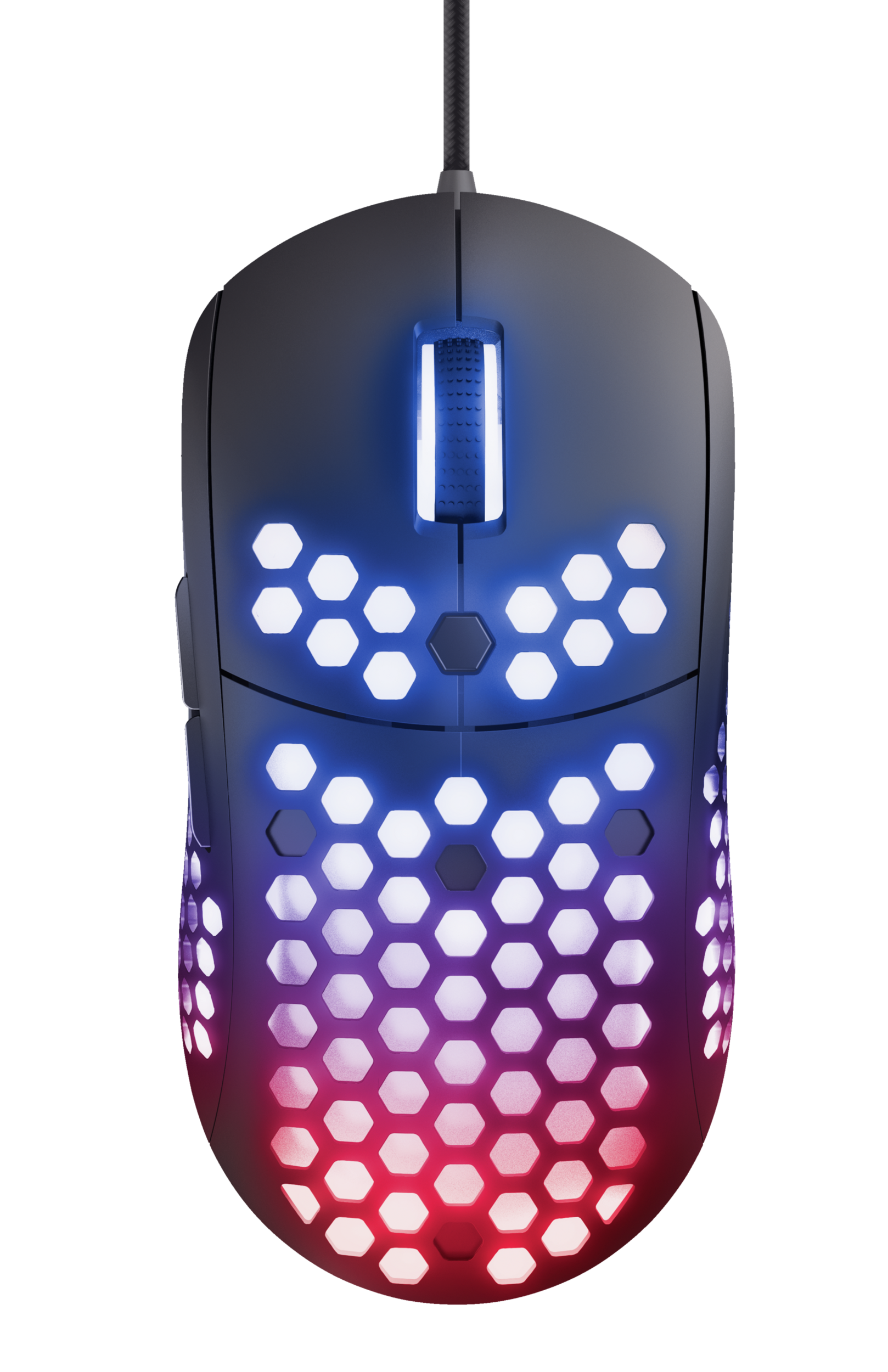 Czarna mysz gamingowa z oświetleniem RGB. Mysz ma wzór plastra miodu i dołączony kabel.