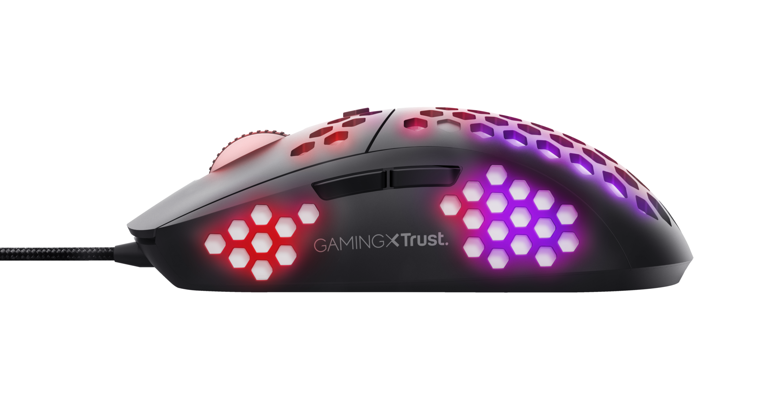 Czarna mysz gamingowa z czerwonym i fioletowym podświetleniem. Mysz ma wzór plastra miodu.