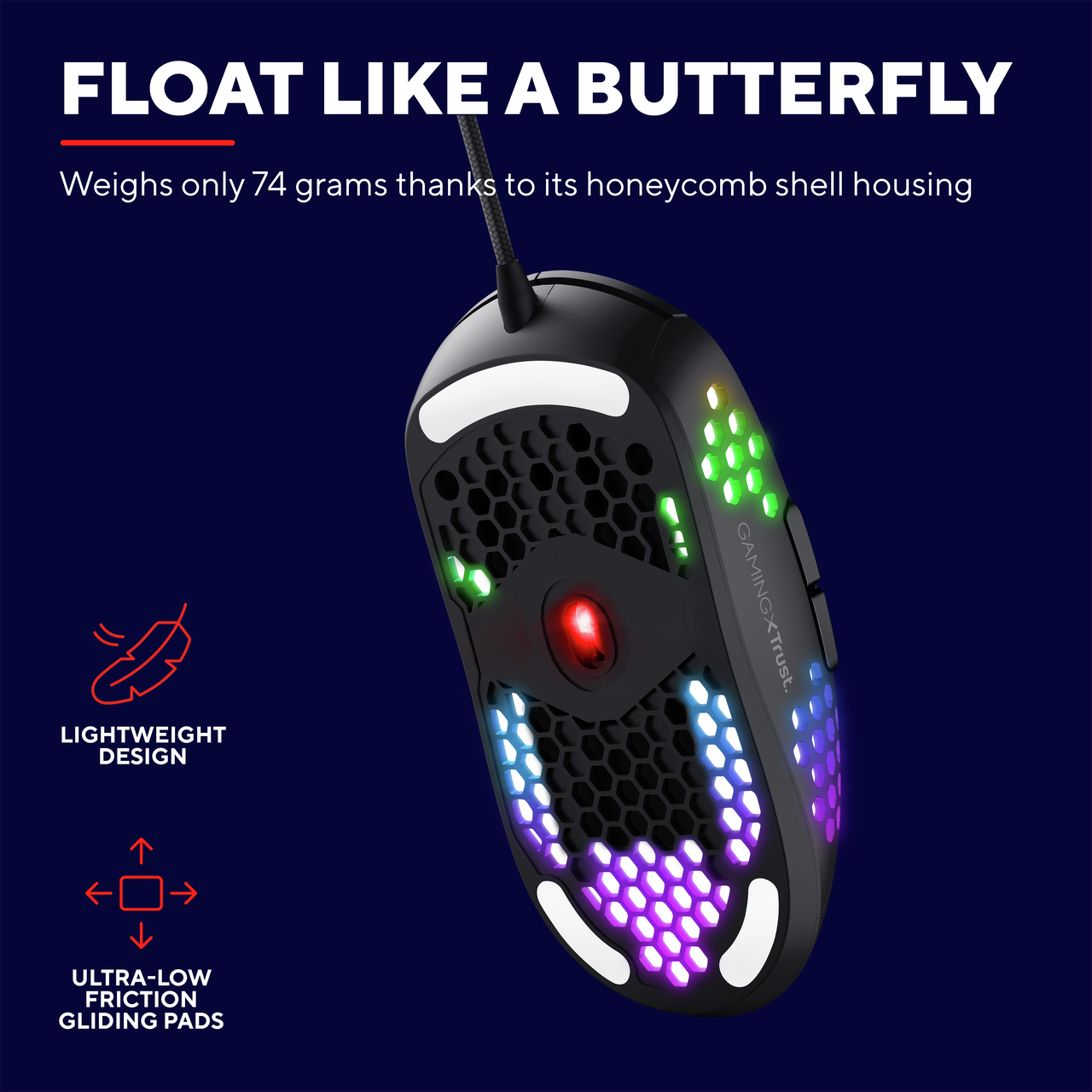 Czarna mysz gamingowa o strukturze plastra miodu, kolorowe światła, tekst "FLOAT LIKE A BUTTERFLY".