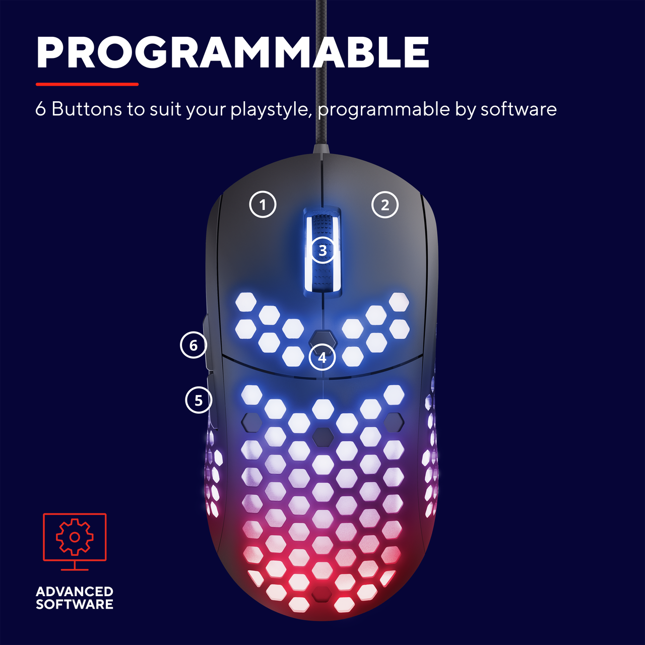 Czarna mysz do gier z sześcioma przyciskami, programowalna. Czerwone i białe światła.