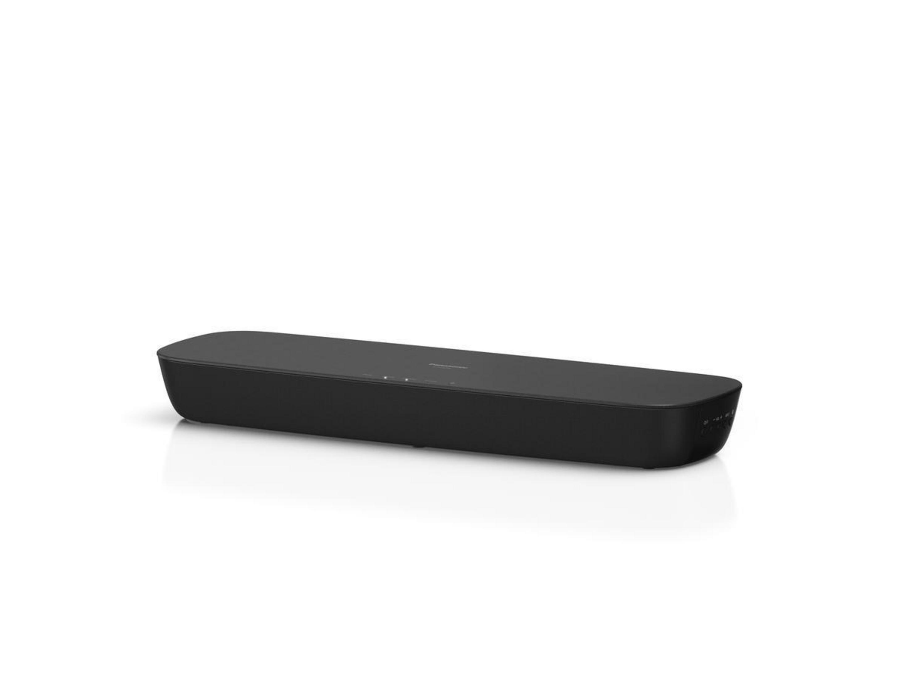 Czarny soundbar na białej powierzchni. Soundbar jest prostokątny i elegancki.