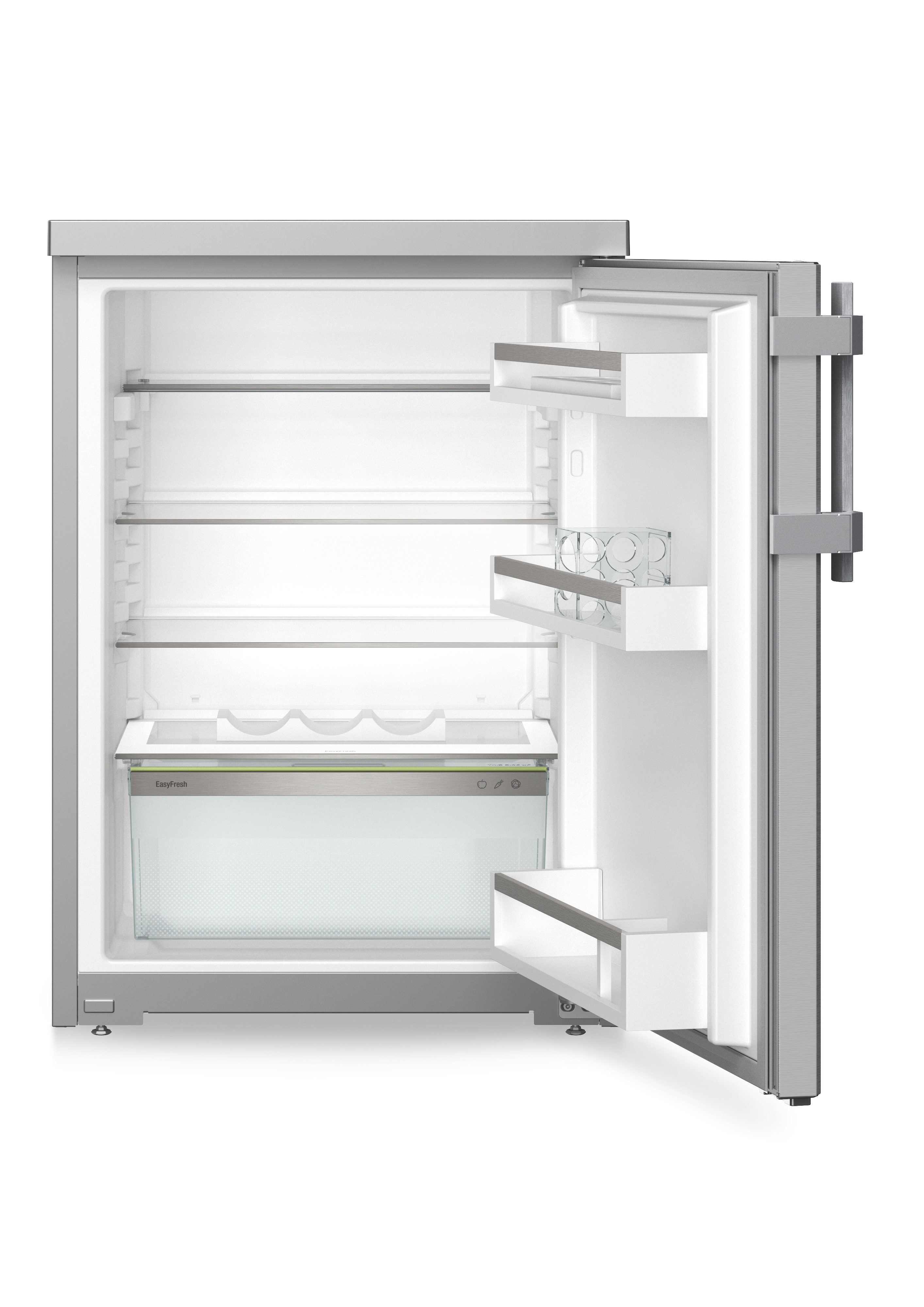 Refrigerador con puerta abierta, mostrando estantes, cajones e iluminación interior.