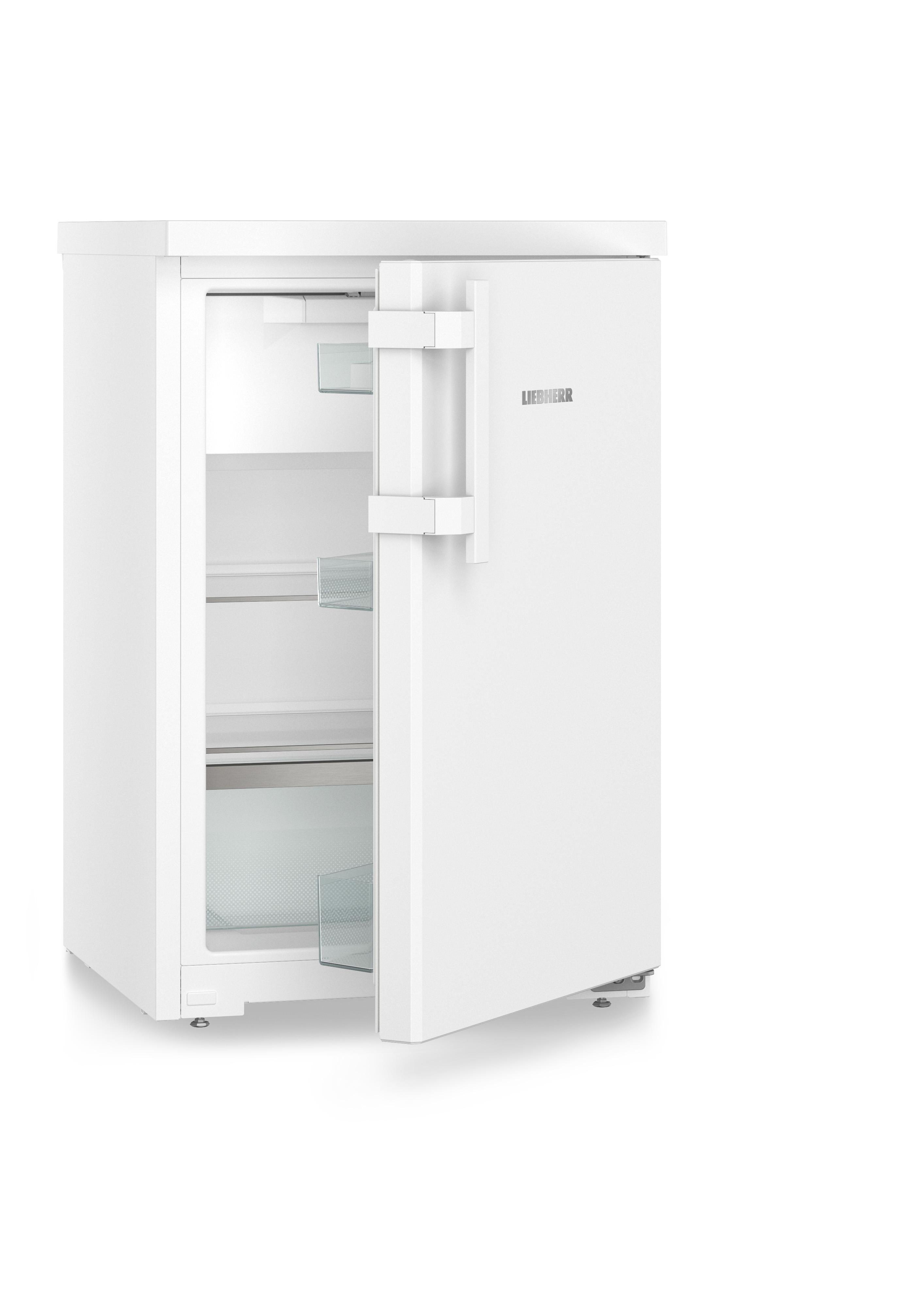 Refrigerador blanco con la puerta abierta. El interior tiene estantes de vidrio.