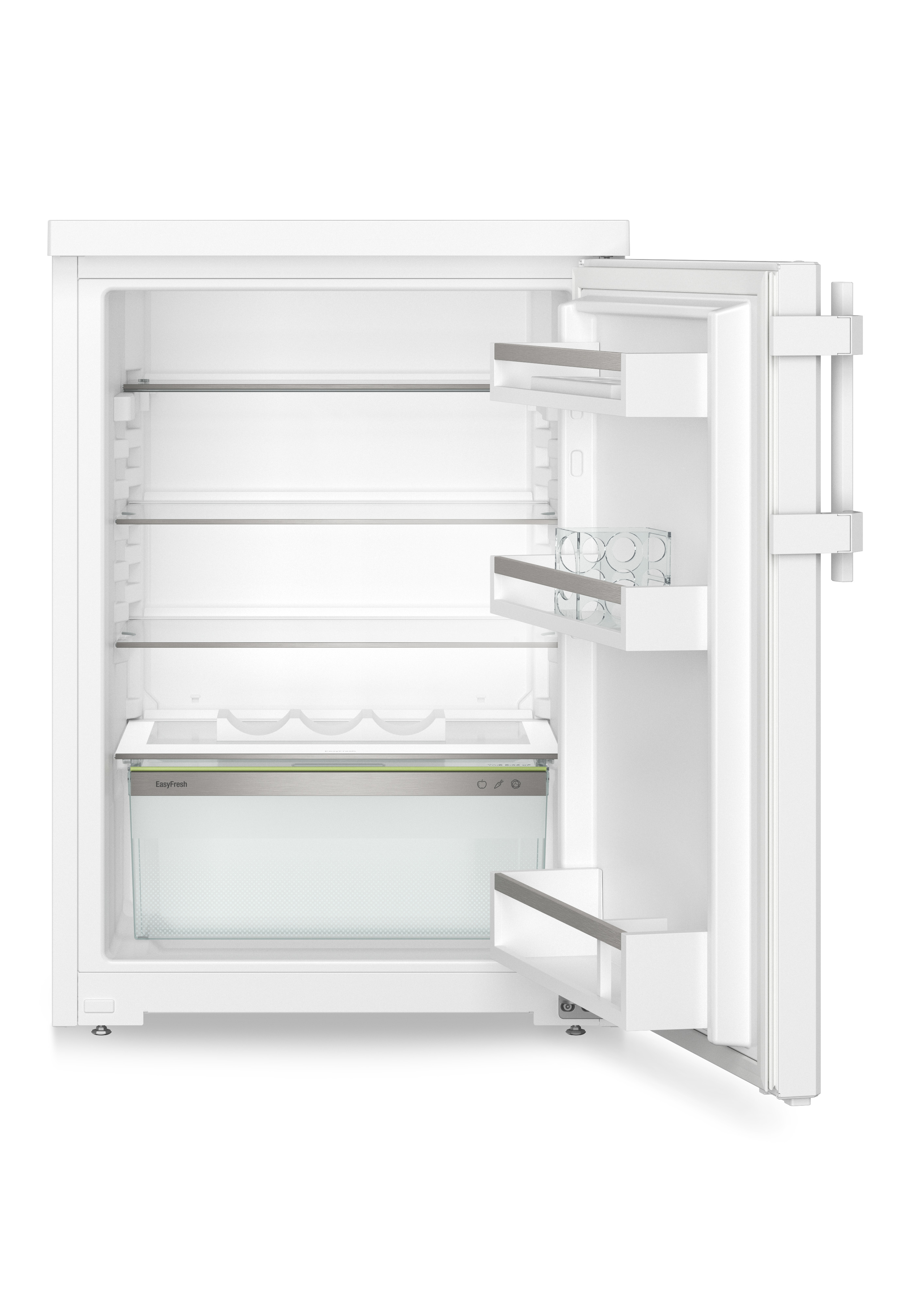 Un refrigerador blanco con la puerta abierta, mostrando estantes y compartimentos.