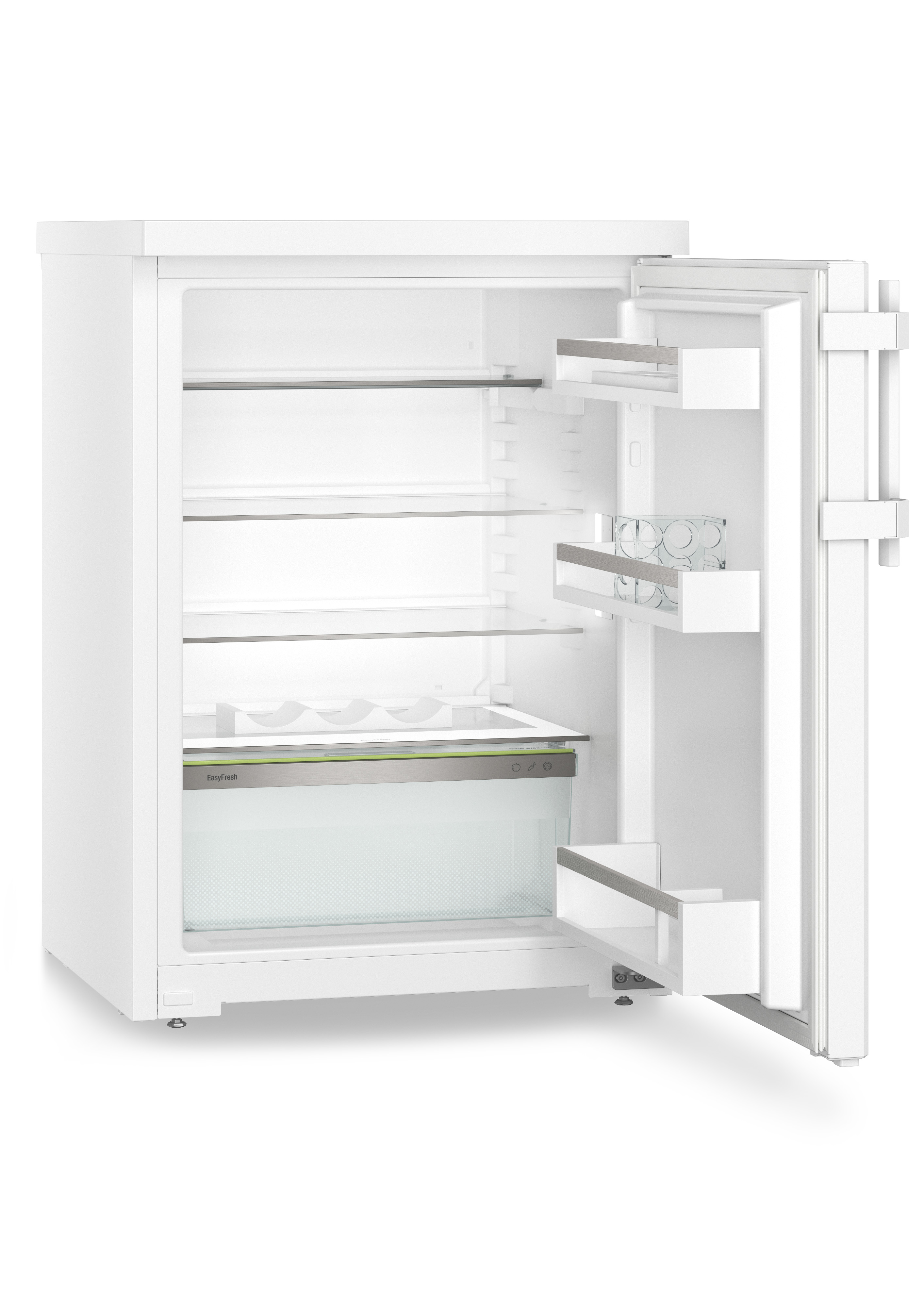 Refrigerador blanco con la puerta abierta, revelando estantes y un estante de vidrio.
