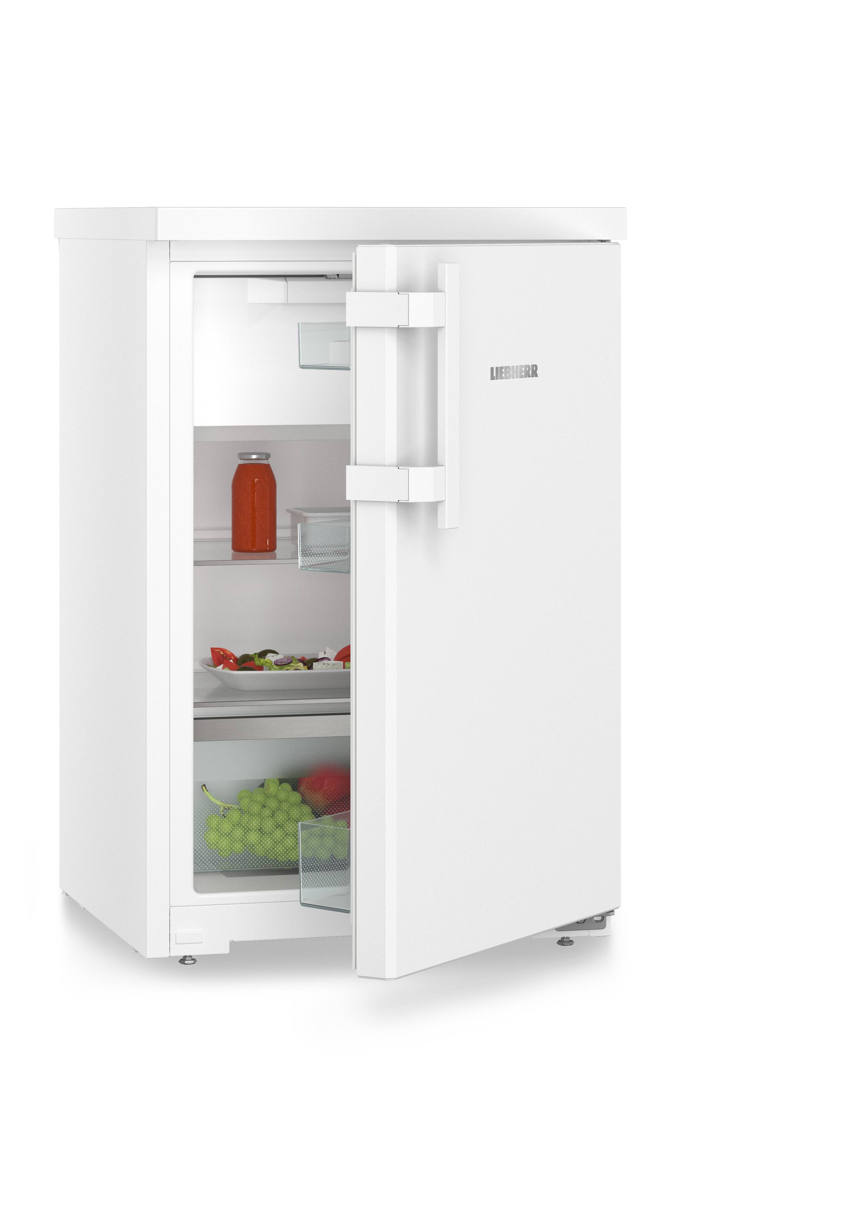 Un refrigerador blanco con la puerta abierta que muestra estantes con alimentos dentro.