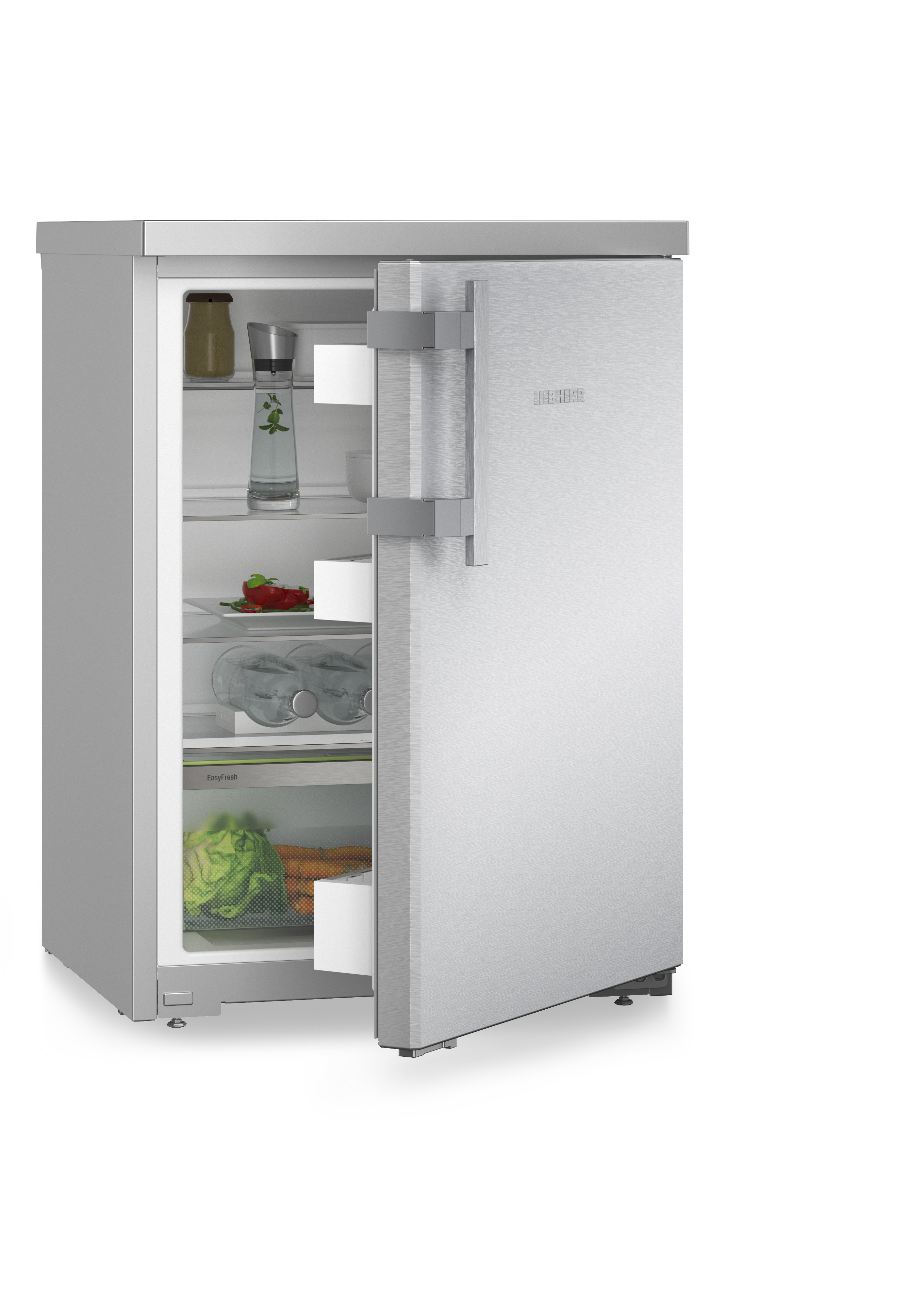 Un refrigerador plateado con la puerta abierta, revelando estantes y comida.