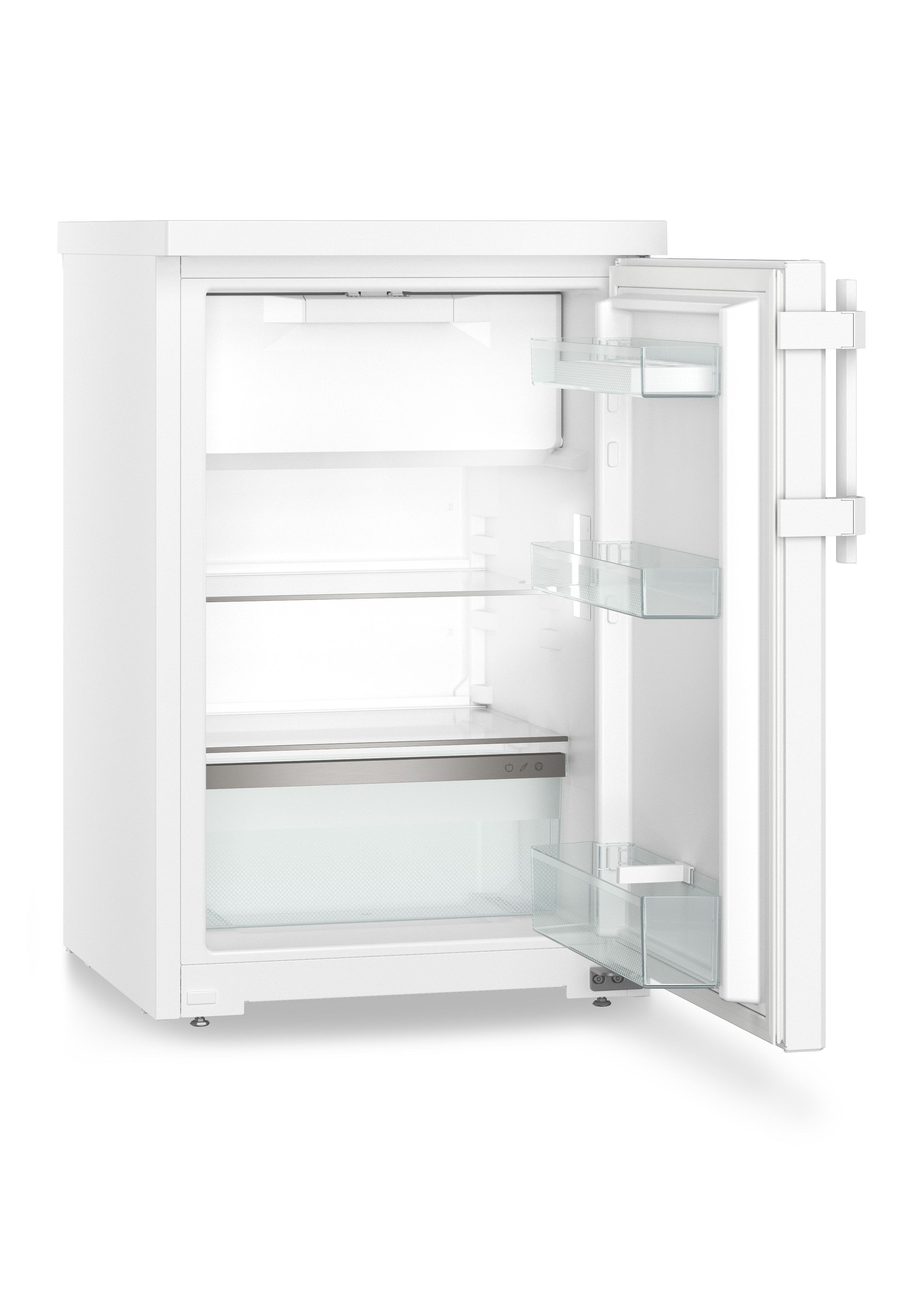 Refrigerador blanco con la puerta abierta, mostrando estantes e interior.