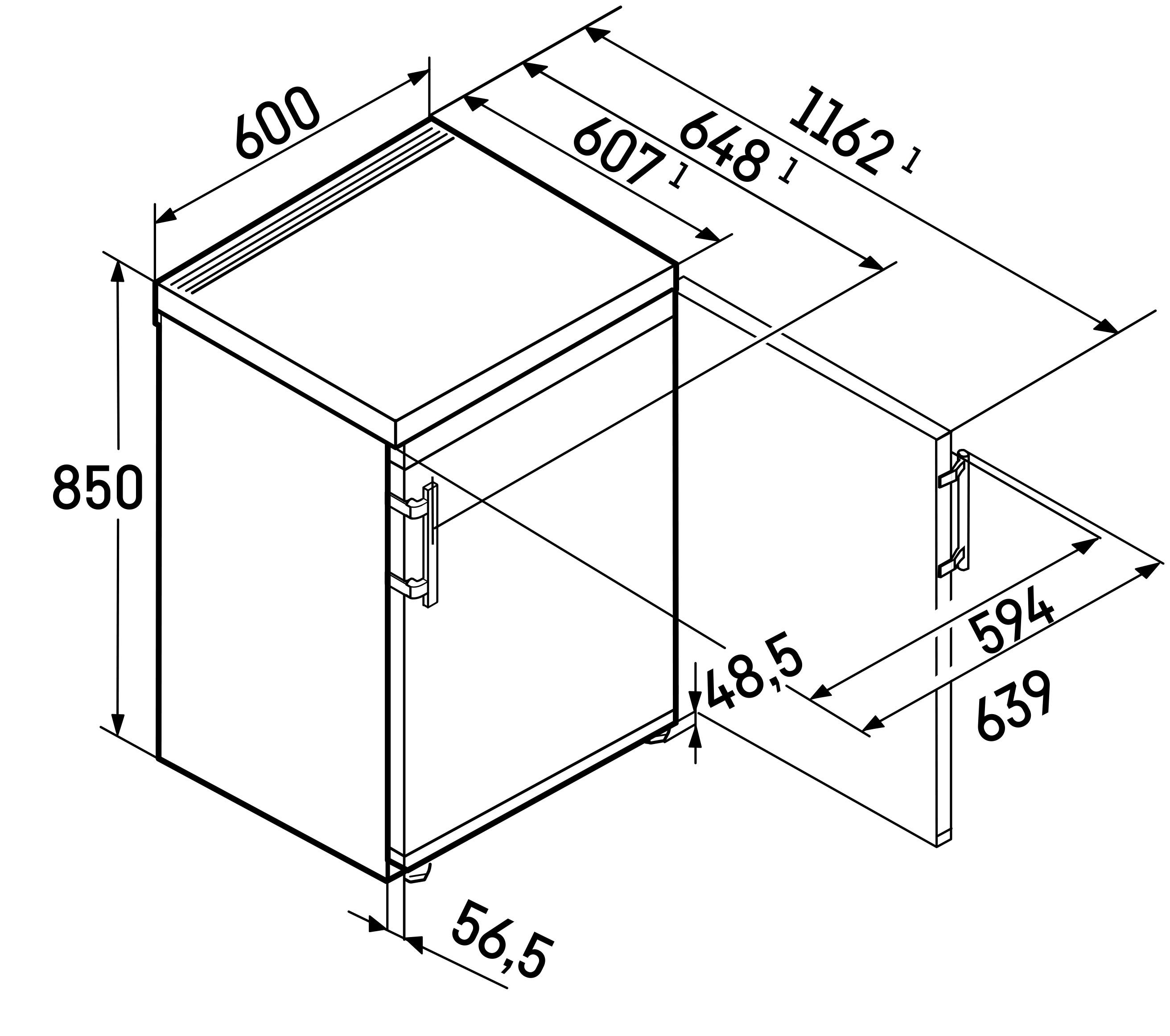 Dibujo isométrico de un refrigerador rectangular blanco con dimensiones en negro.