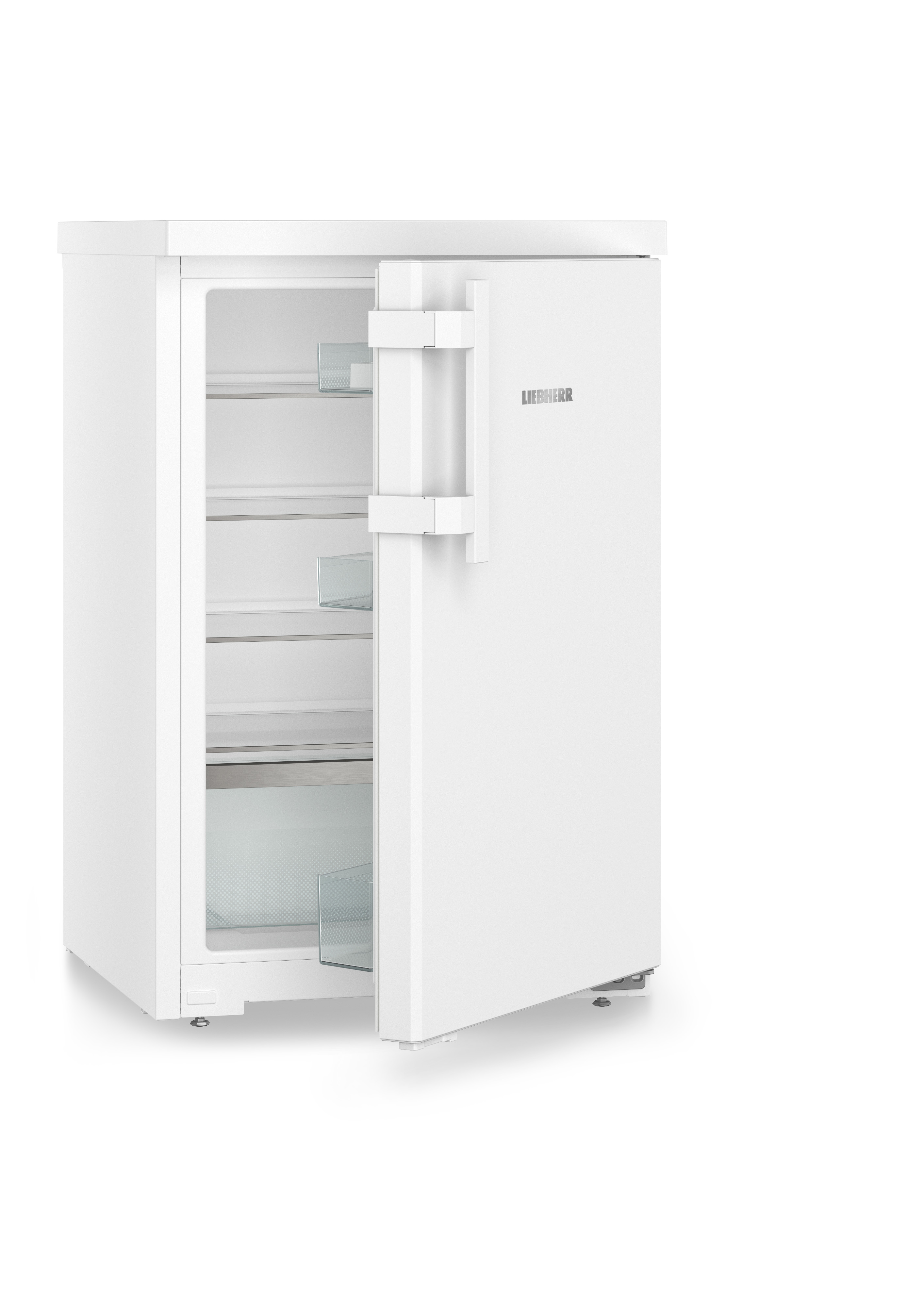 Refrigerador blanco con puerta entreabierta. Estantes interiores visibles, vidrio. Fondo blanco.