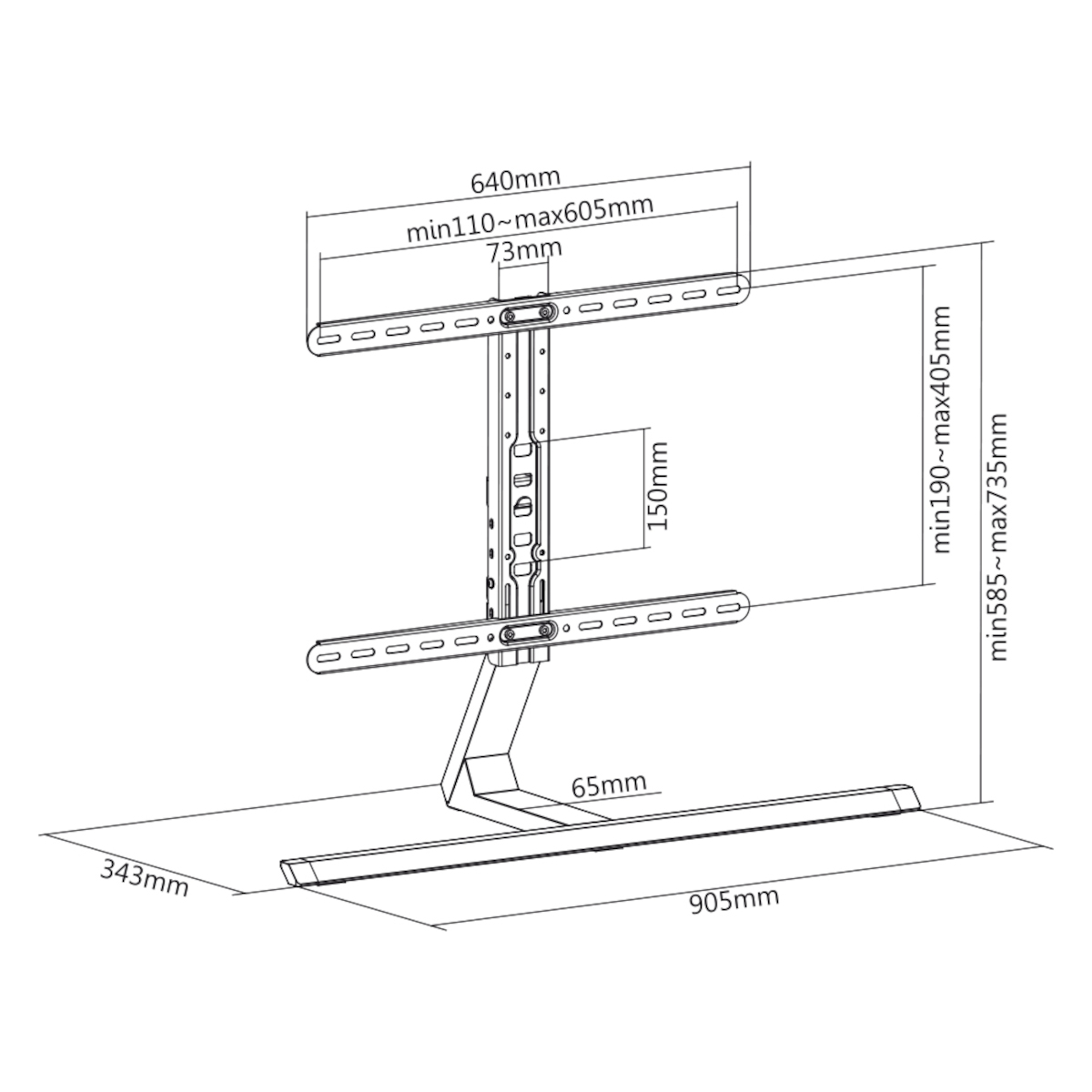 Diagramm eines TV-Ständers. Es hat Abmessungen und Maße. Der Ständer ist silber und schwarz.