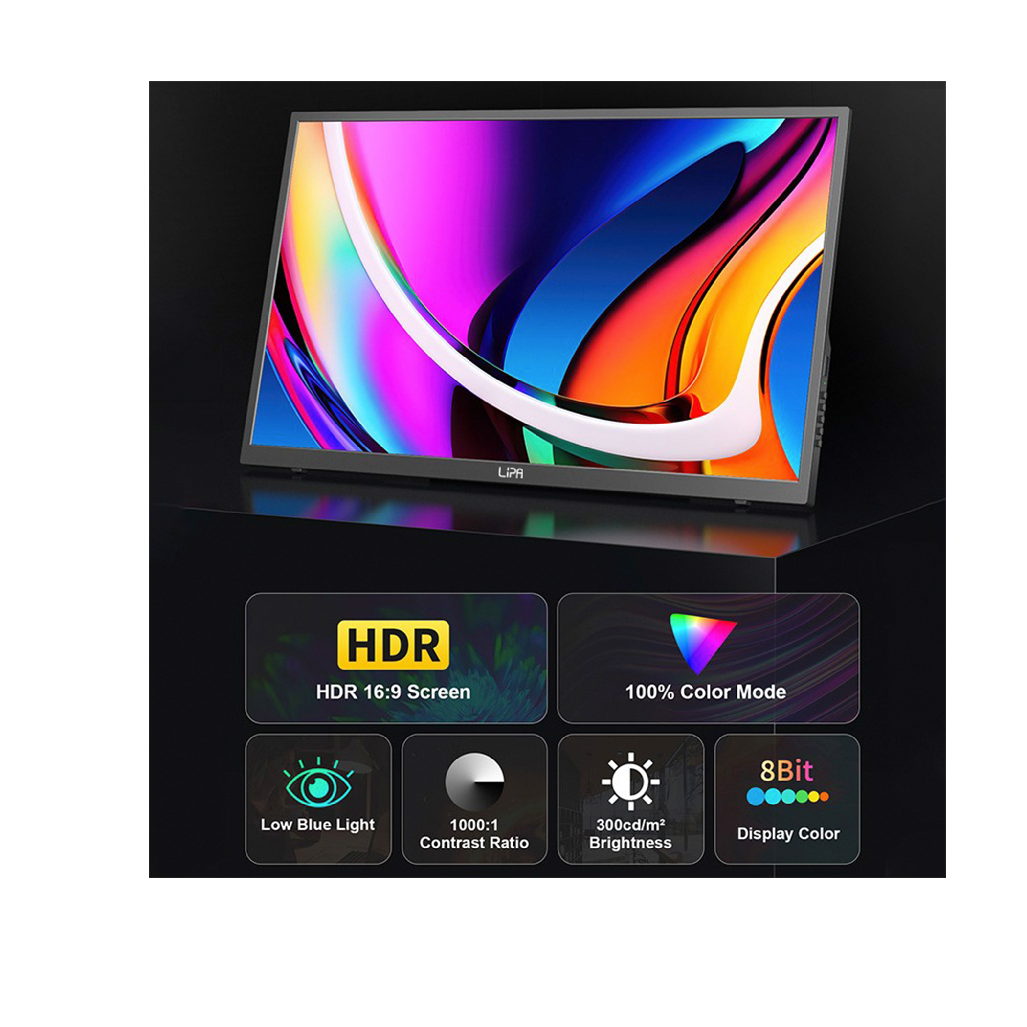 Ekran monitora wyświetlający kolorową grafikę, z ikonami poniżej wskazującymi HDR, tryb kolorów i inne funkcje.