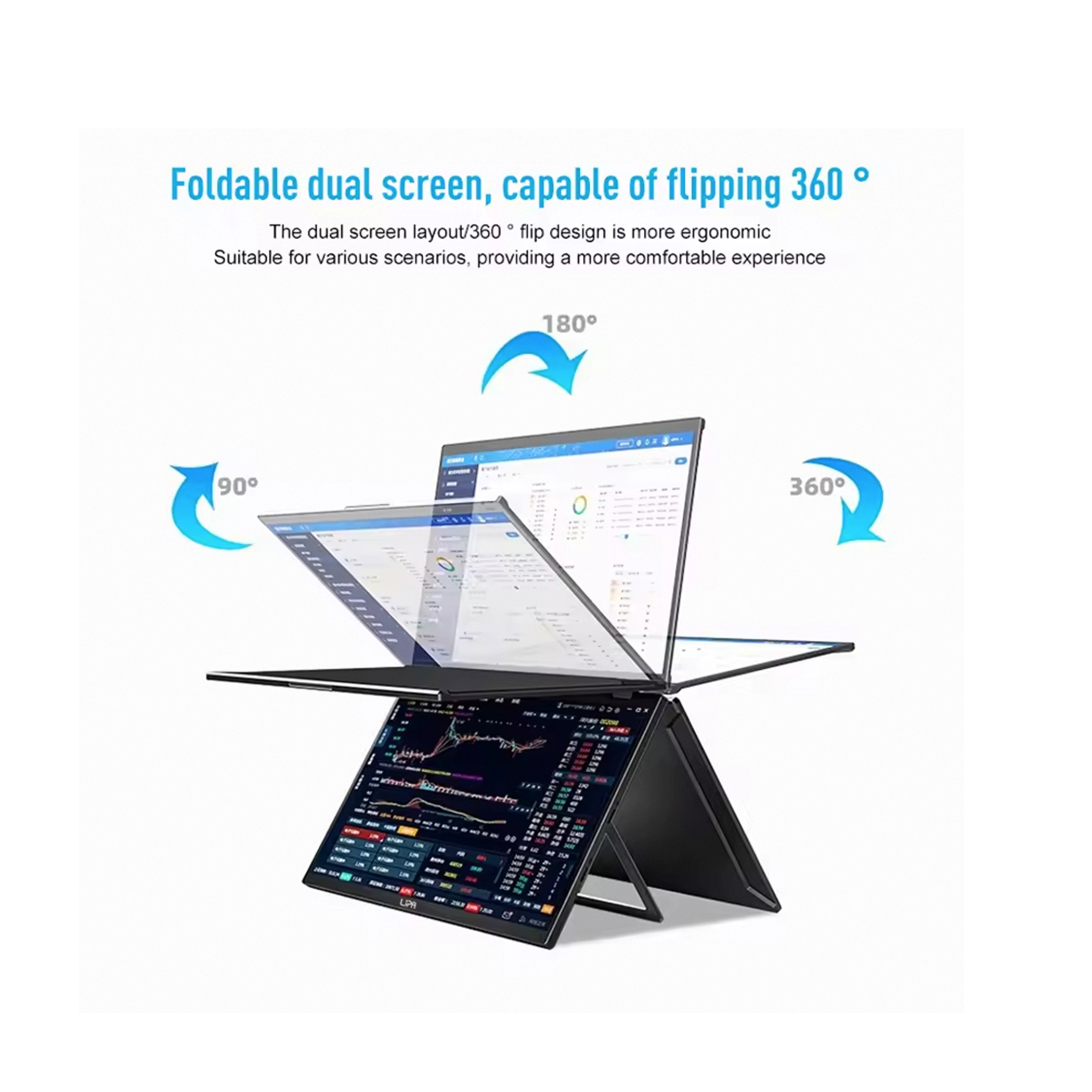 Otwarty laptop z podwójnym ekranem, z danymi i strzałkami obrotu.