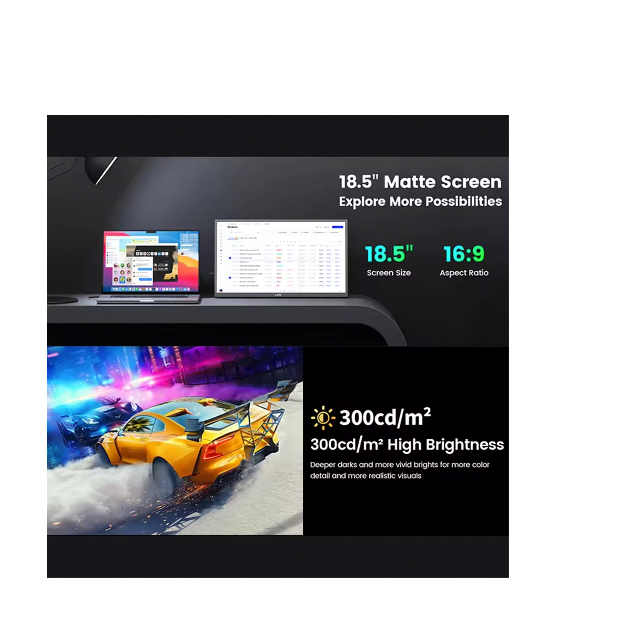 Ekran komputera pokazuje matowy wyświetlacz, z laptopem po lewej i sceną wyścigów samochodowych.