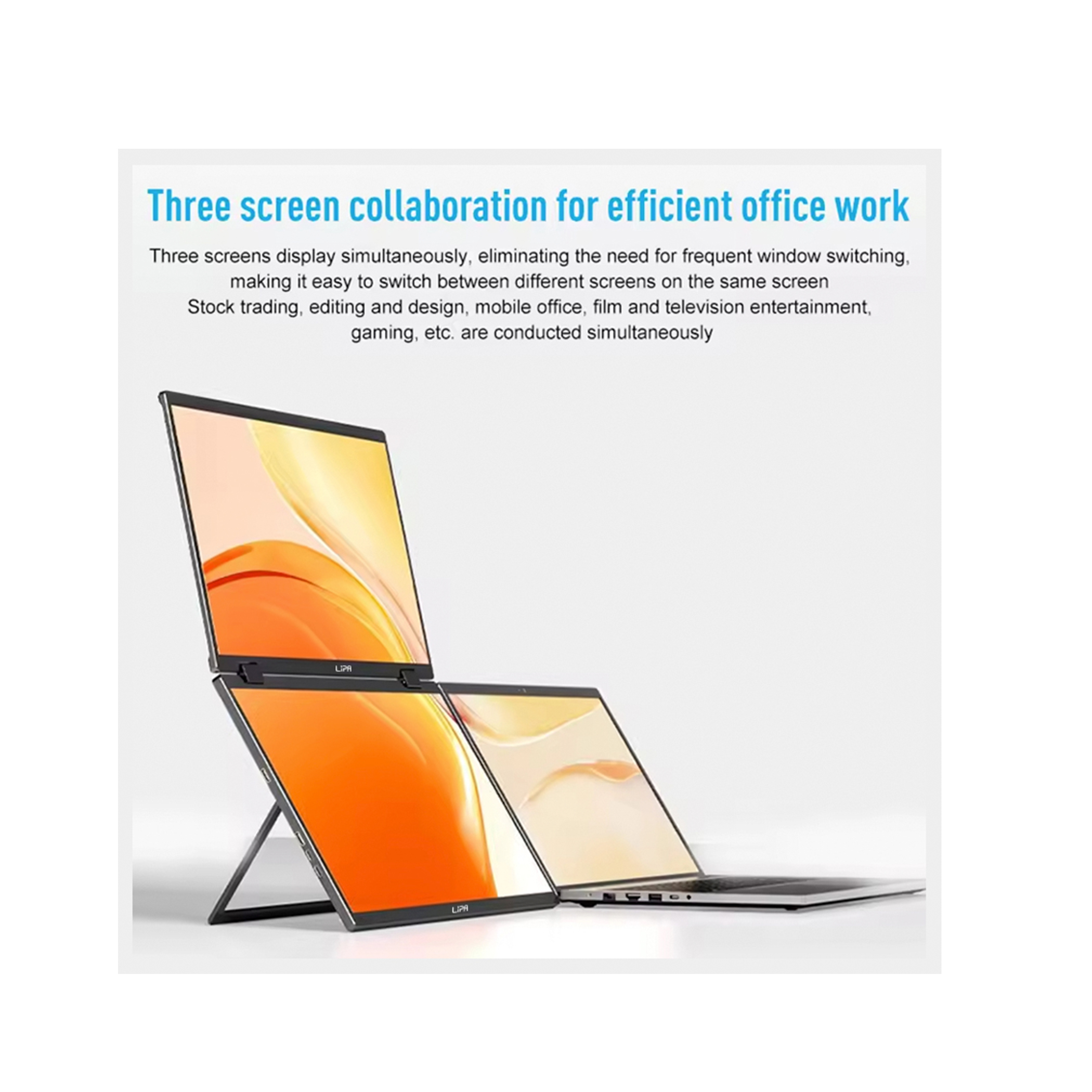 Trzy ekrany laptopa wyświetlające różne interfejsy, ze stojakiem.