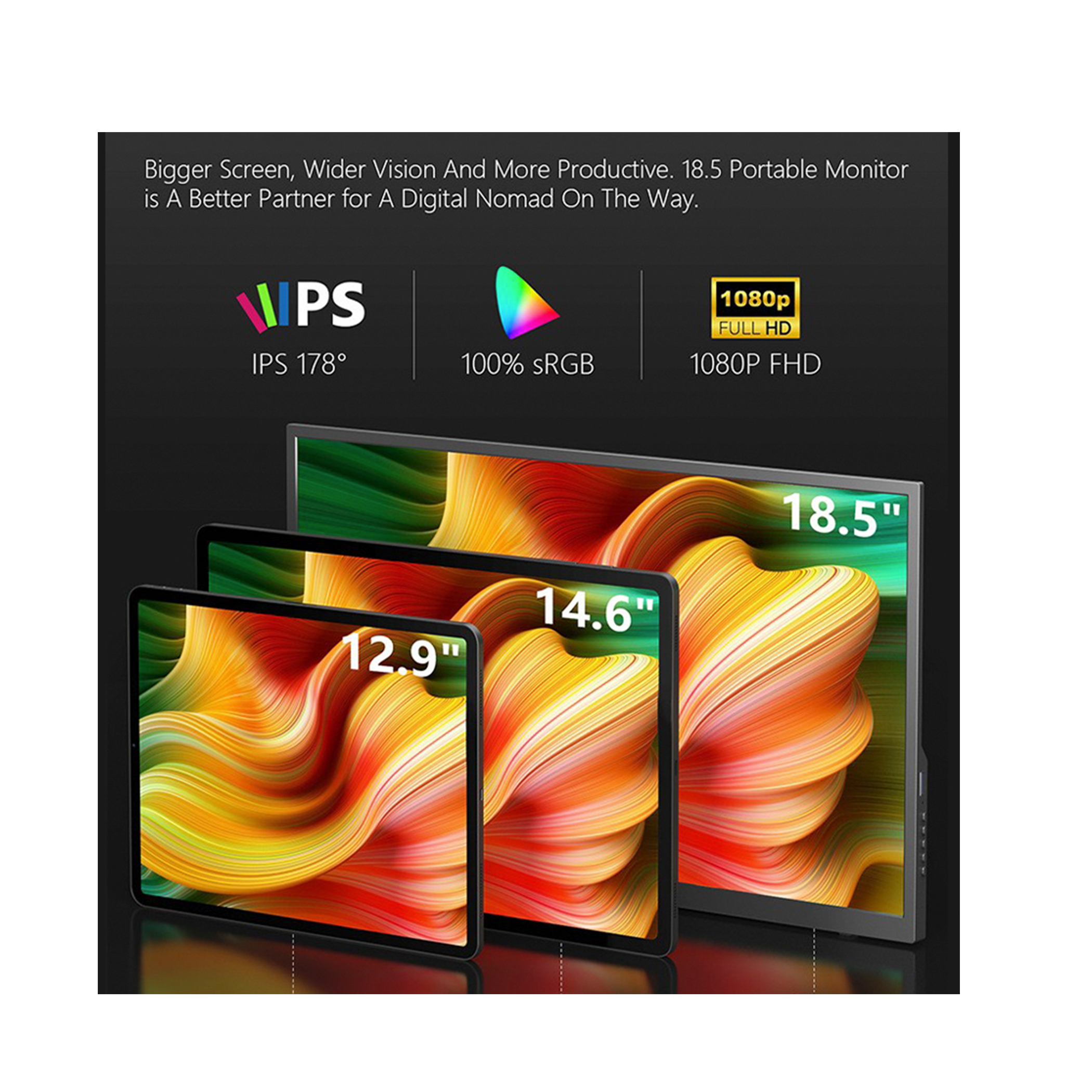 Trzy tablety z kolorowymi ekranami, pokazujące rozmiary 12,9", 14,6" i 18,5". Ciemne tło.