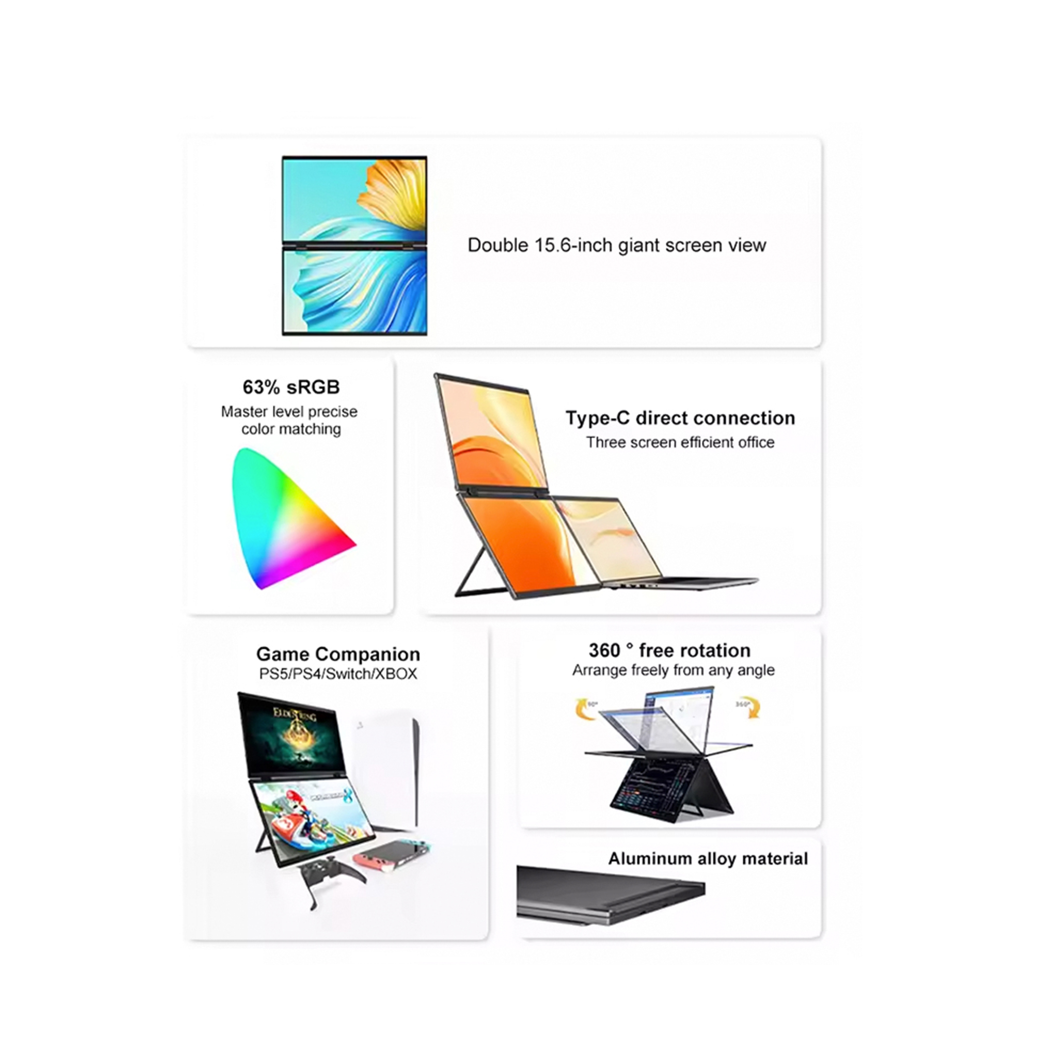 Konfiguracja laptopa z wieloma ekranami. Ekrany pokazują palety kolorów, gry i schemat połączeń.