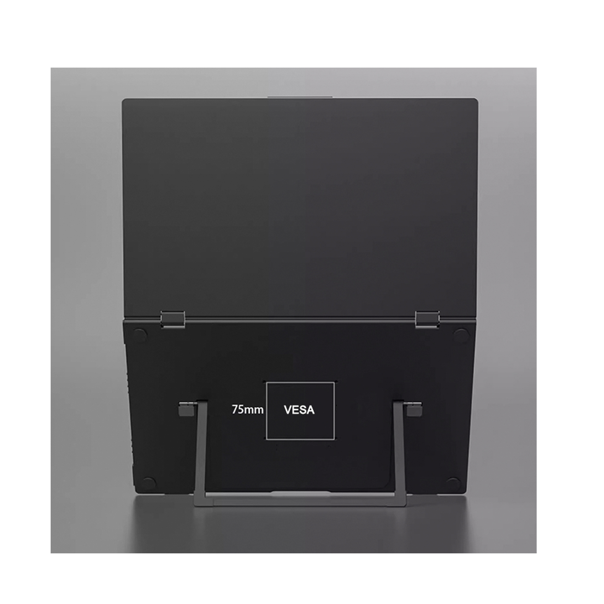 Czarny laptop z tyłu, z widocznym mocowaniem VESA. Stojak jest srebrny.