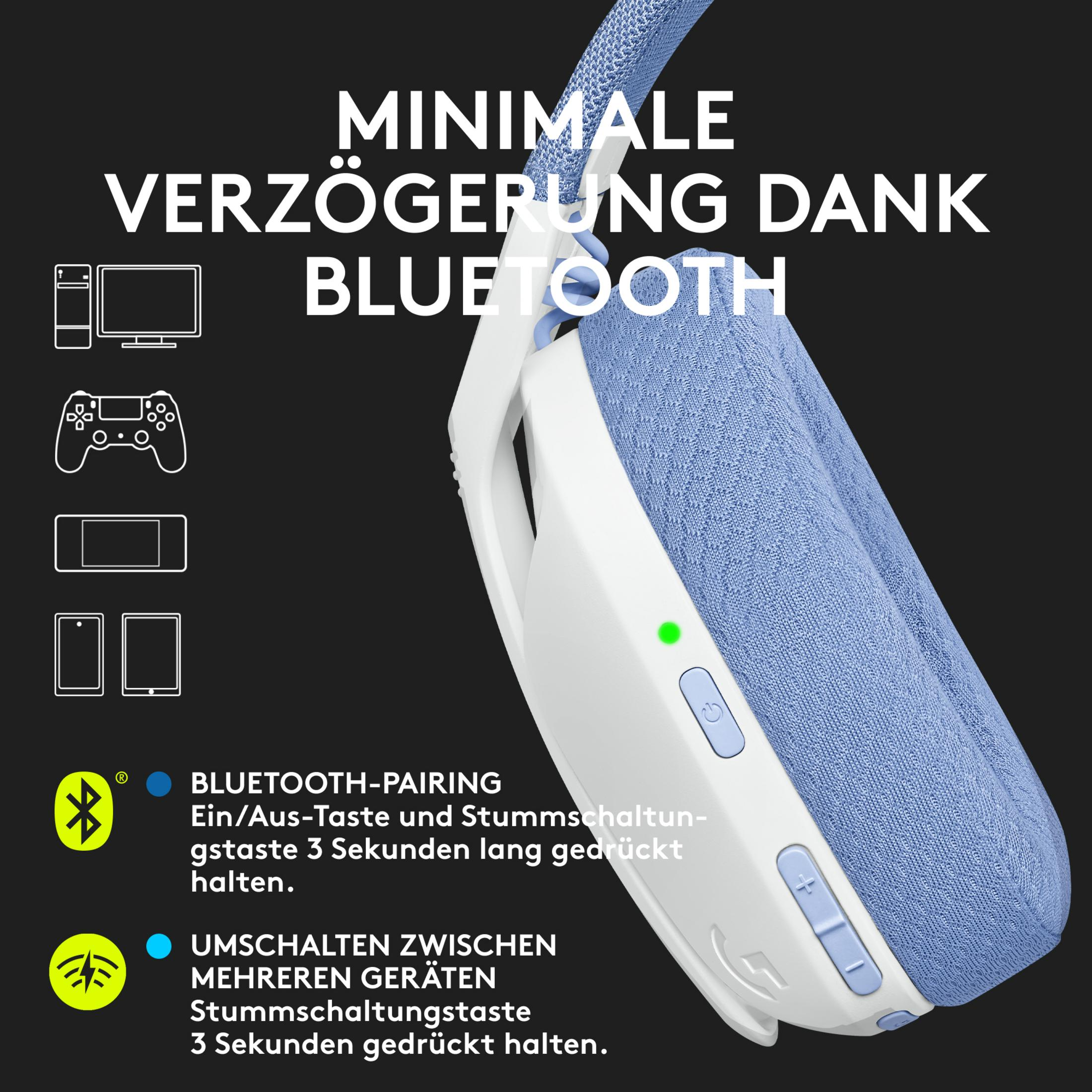 Niebiesko-białe słuchawki z tekstem o parowaniu Bluetooth i przełączaniu urządzeń.