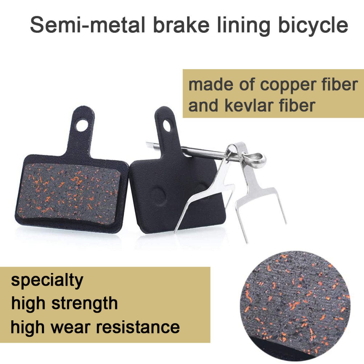 Fahrradbremsbeläge. Schwarze Beläge mit orangefarbenen Sprenkeln und Metallteilen. Text: Spezialität, hohe Festigkeit, hohe Verschleißfestigkeit.