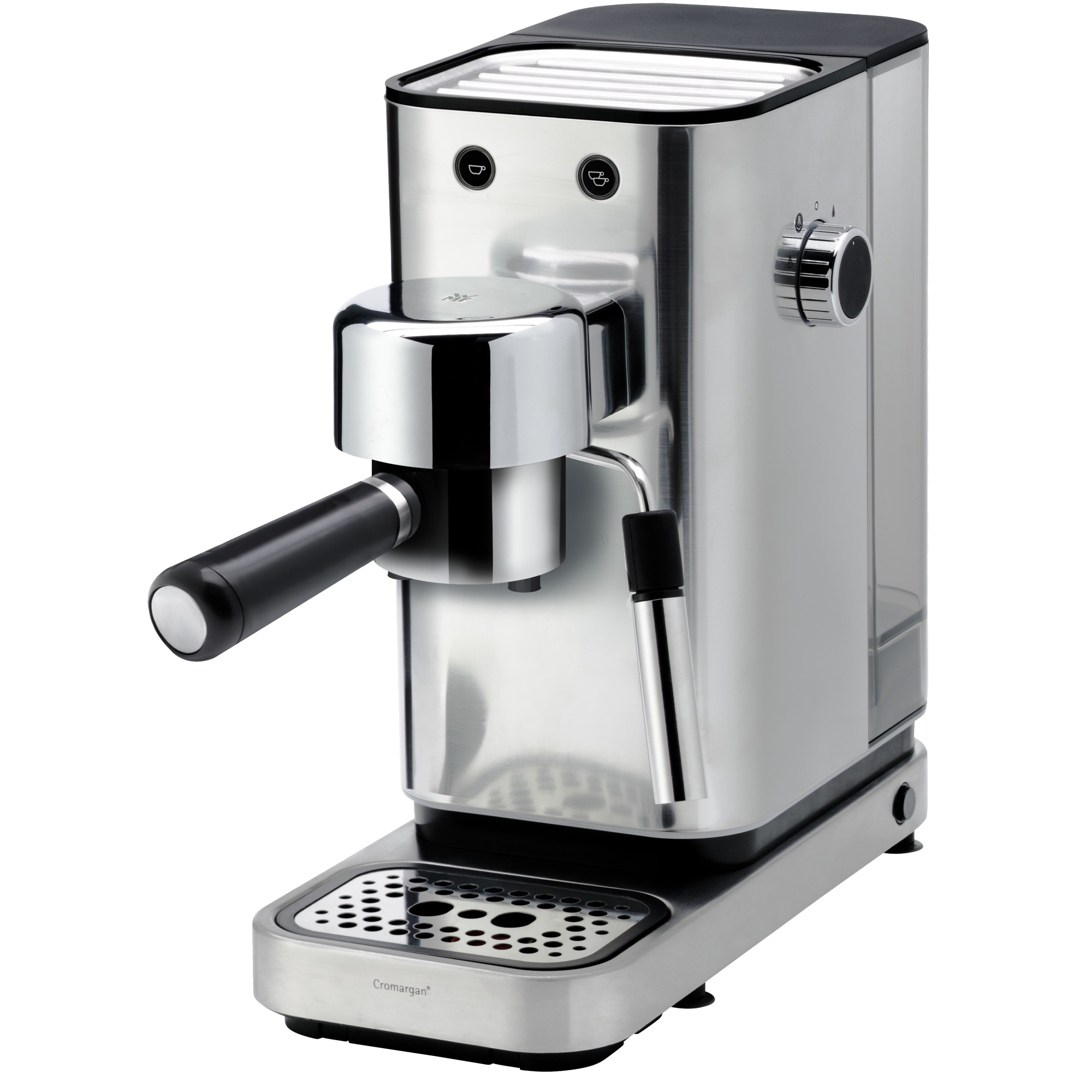 Een espresso machine van roestvrij staal. Met portafilter, stoompijp en knoppen. Het merk is Cromargan.