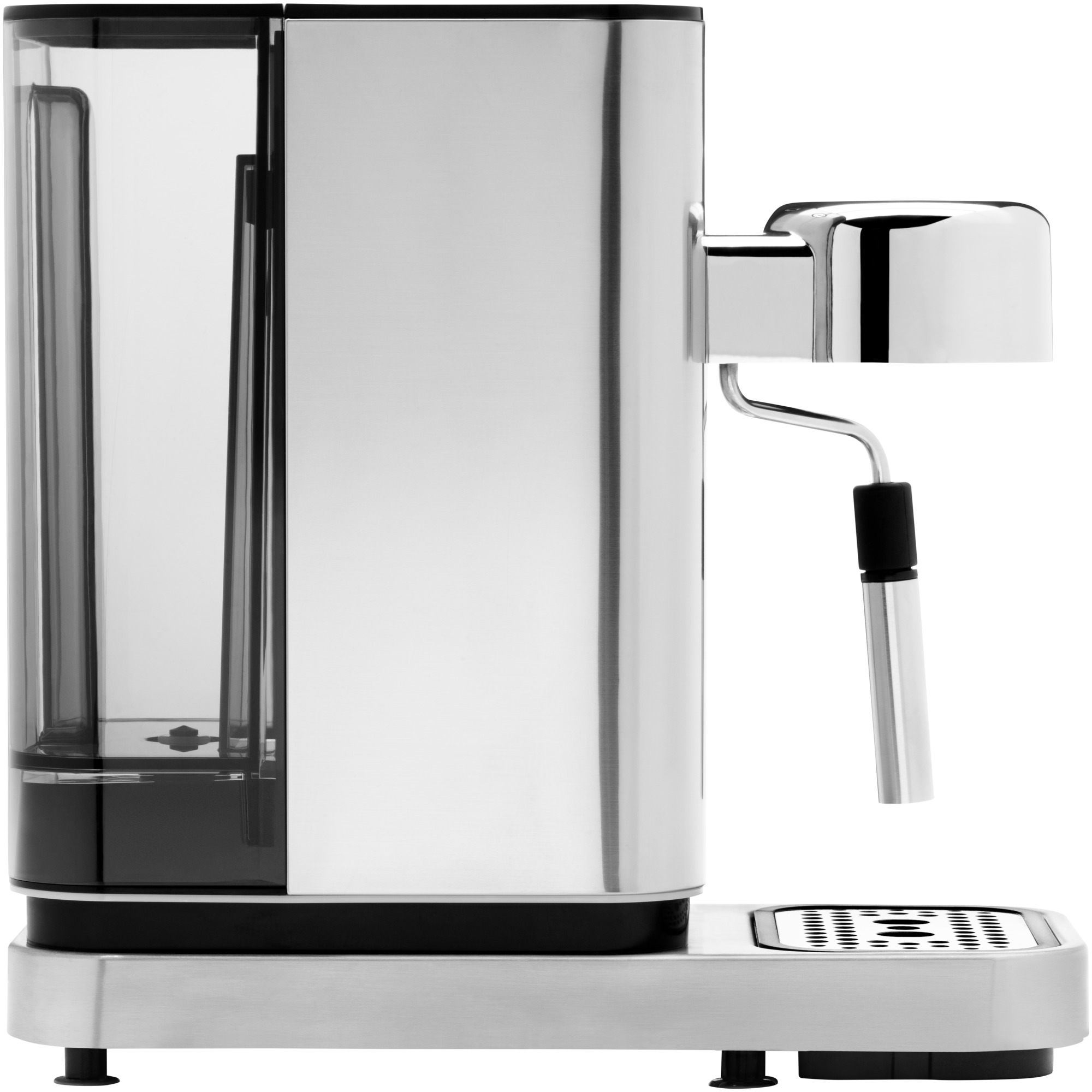 Roestvrijstalen koffiemachine met watertank, stoompijpje en lekbak. De achtergrond is wit.