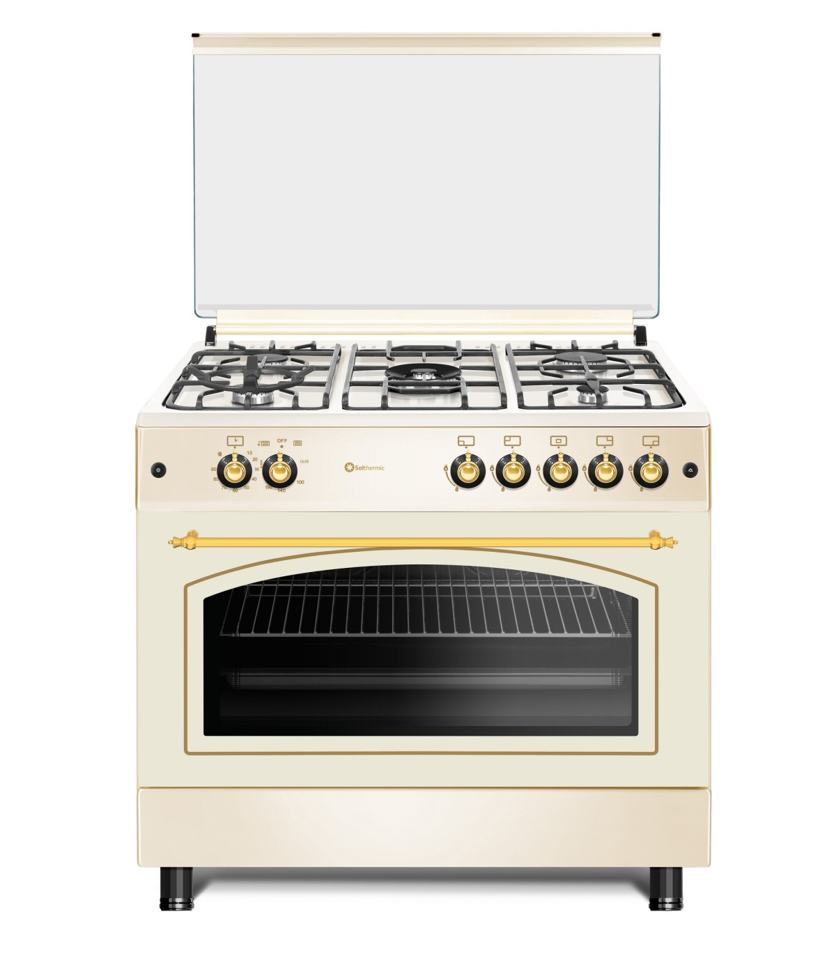 Una estufa de gas color crema con tapa de vidrio. Tiene cinco quemadores y un horno.