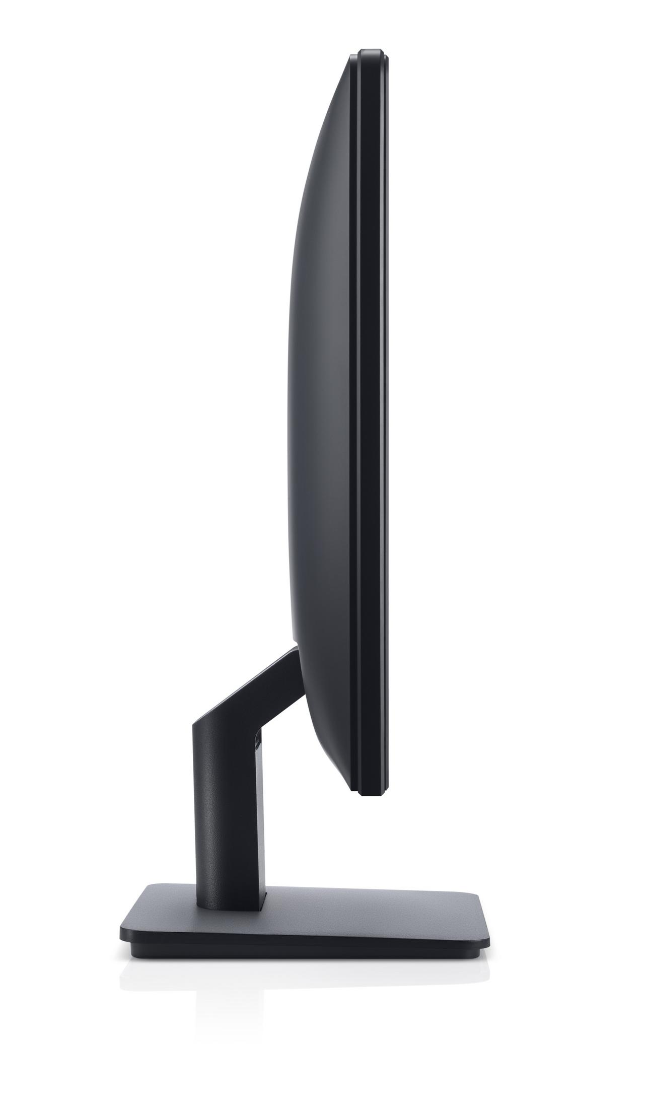 Un monitor de computadora negro en vista de perfil. Se apoya en una base negra y tiene un marco negro.