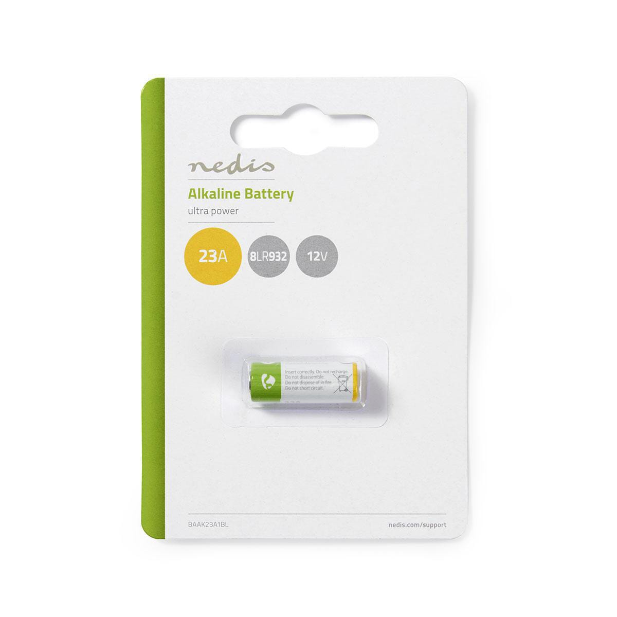 Una piccola batteria alcalina con una confezione verde e gialla.