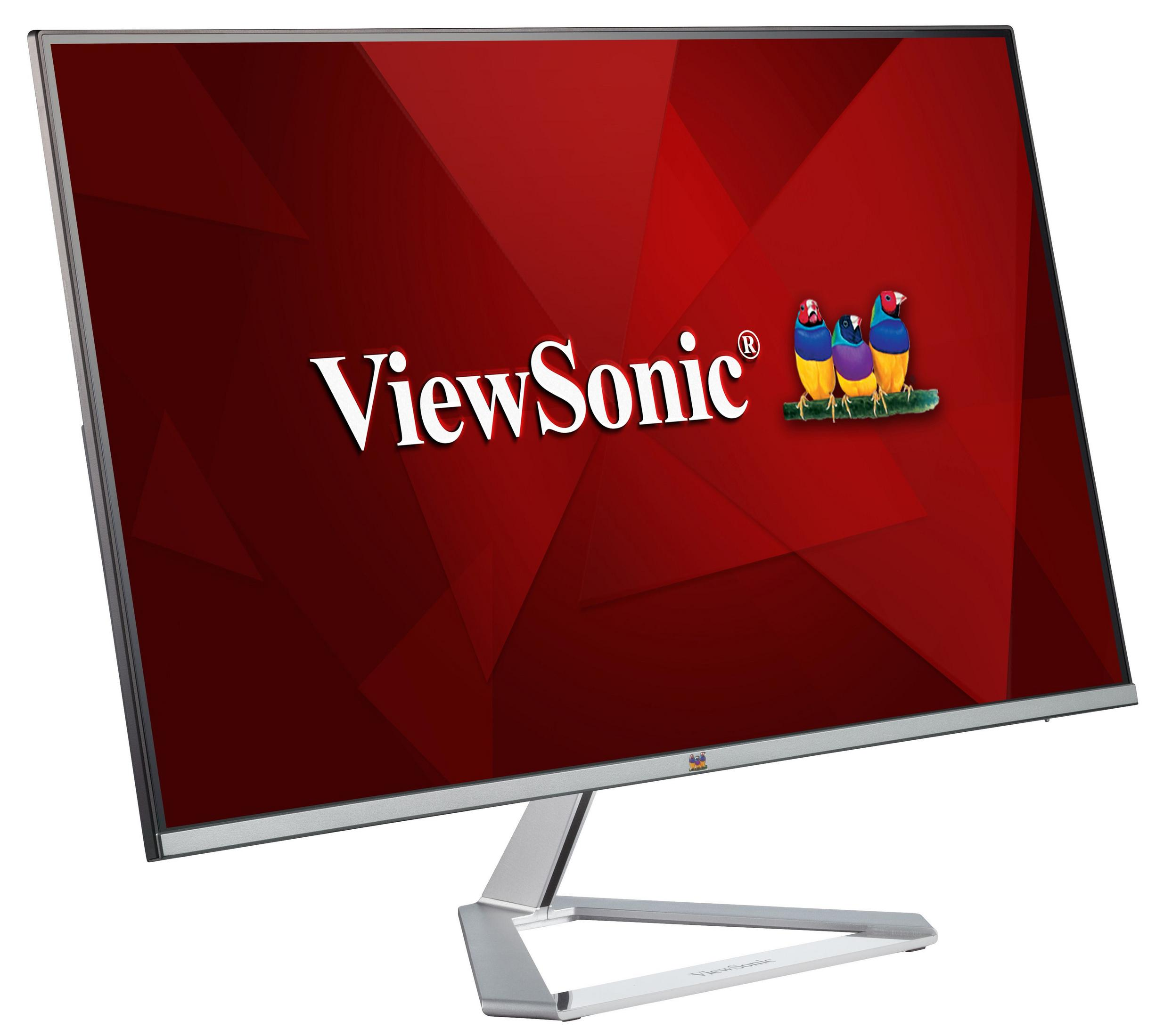 Monitor ViewSonic wyświetla czerwone tło gradientowe. Logo ViewSonic jest wyświetlane na monitorze.