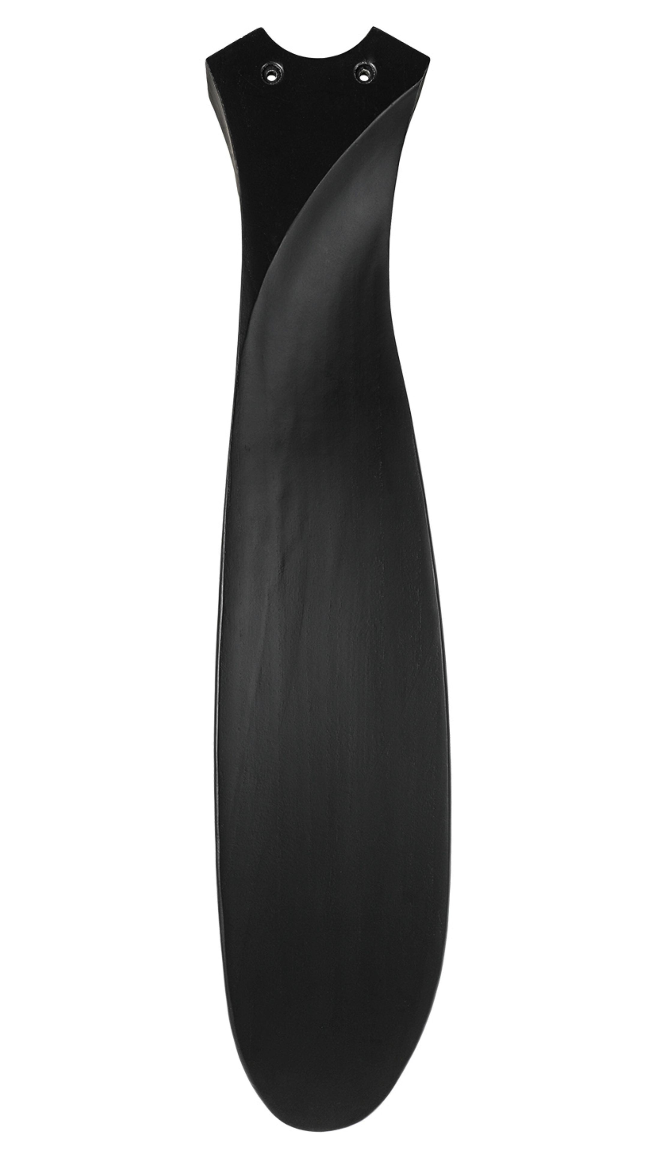 Una pala di ventilatore nera dal design curvo, su sfondo bianco.