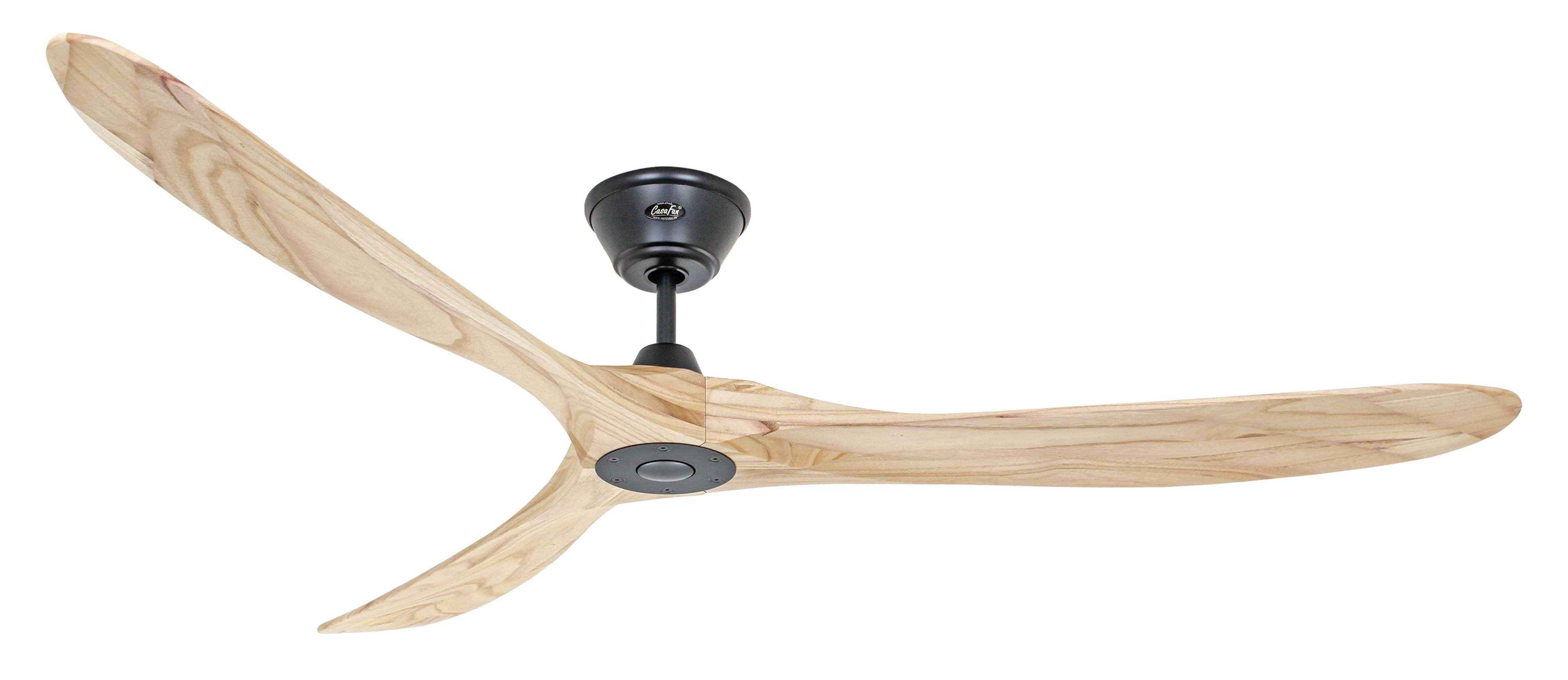 Ventilatore a soffitto con tre pale in legno, alloggiamento motore e asta neri.