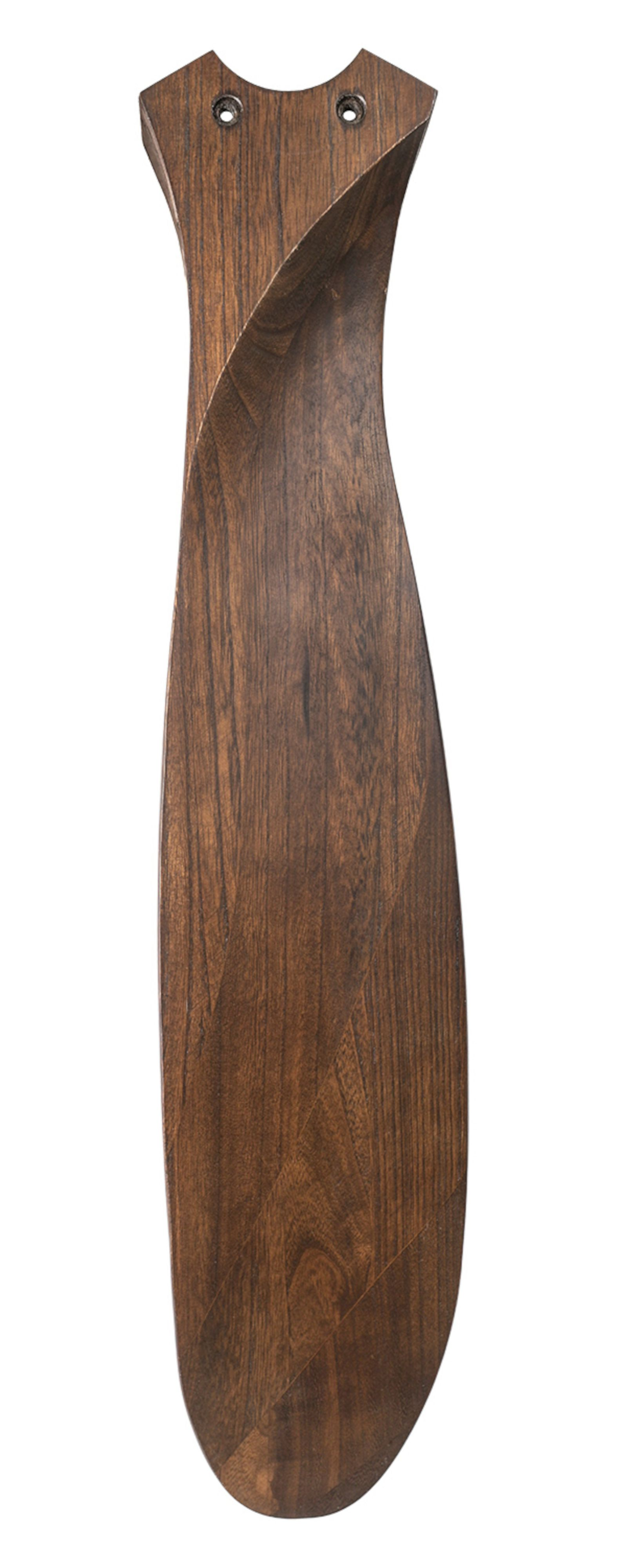 Pala del ventilatore in legno con un design curvo unico, che mostra la venatura del legno.