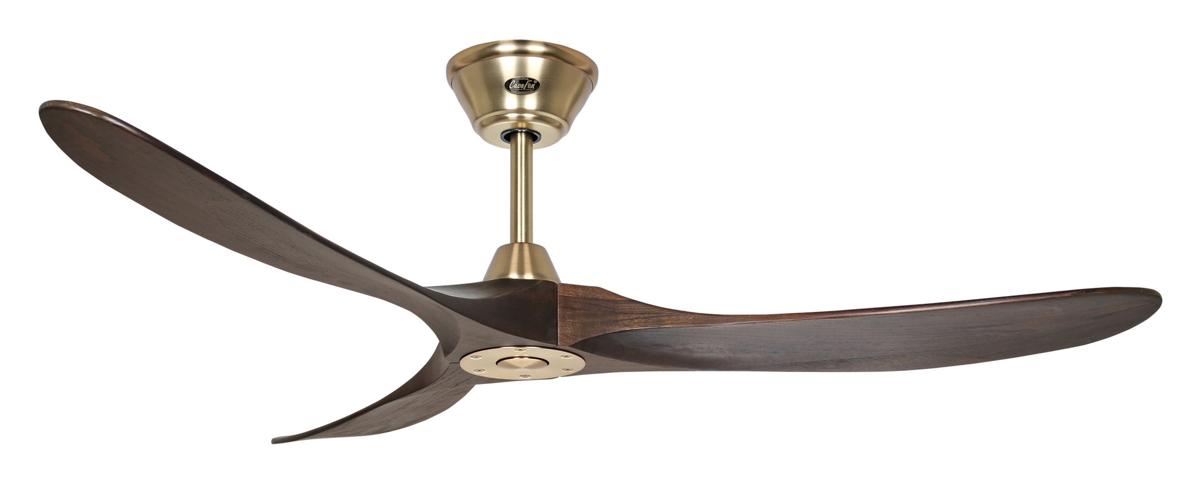 Ventilatore da soffitto con tre pale marrone scuro, alloggiamento motore dorato e sfondo bianco.