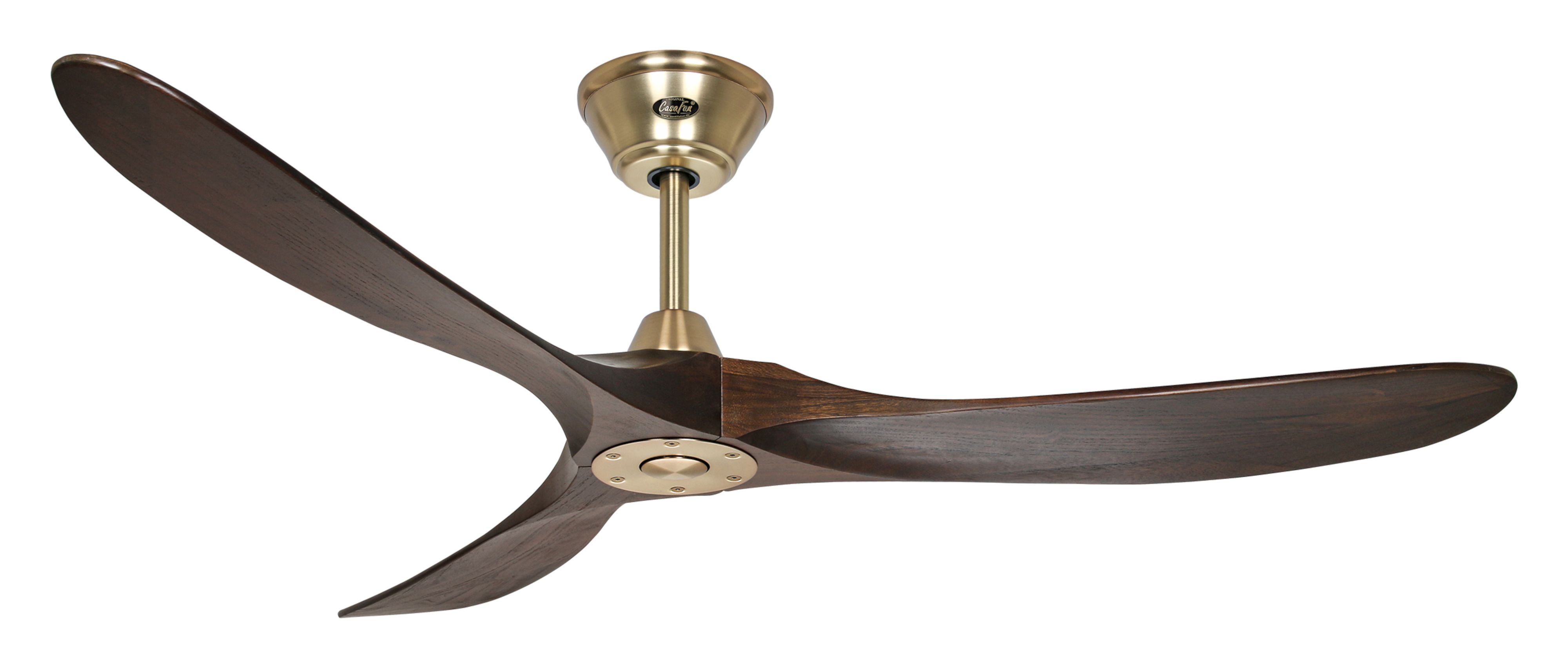 Ventilatore da soffitto con tre pale in legno scuro e alloggiamento motore dorato.