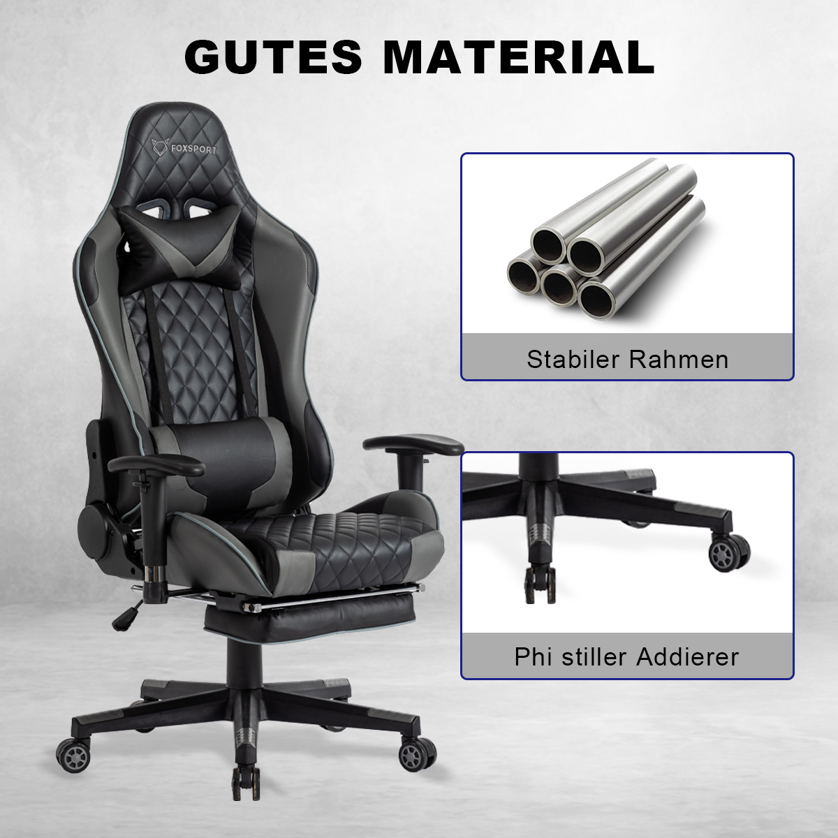 Una silla gaming con diseño en negro y gris. También hay imágenes de tubos metálicos y piezas de la base de la silla.