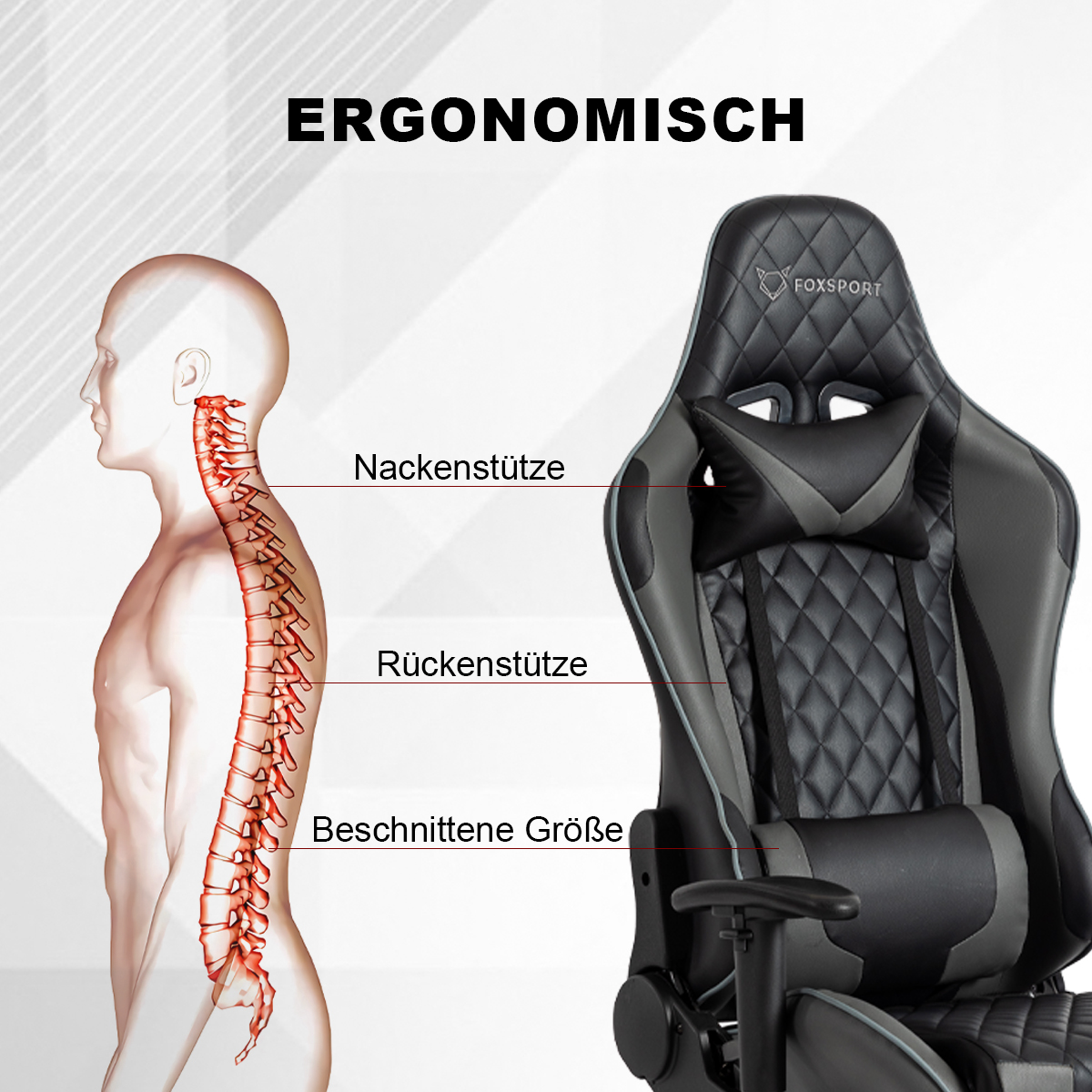 Diagrama que muestra un hombre y una silla gamer, destacando características ergonómicas.