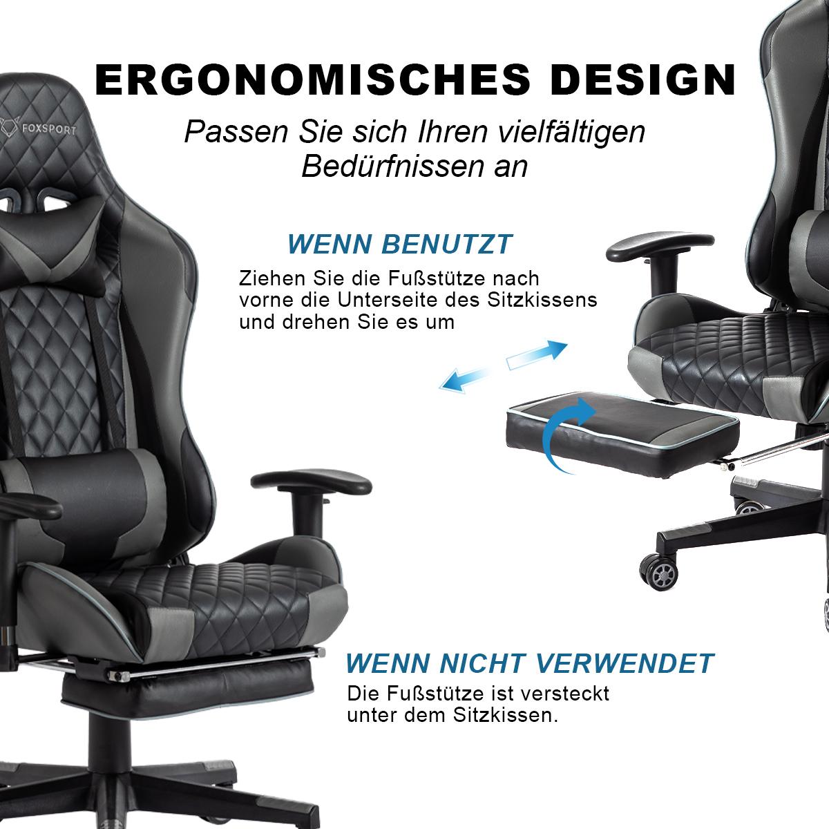Silla gaming con reposapiés. Instrucciones muestran cómo sacar el reposapiés.