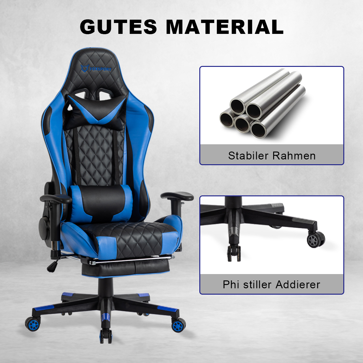 Blau-schwarzer Gaming-Stuhl mit Armlehnen, Fußstütze und Rädern; Hintergrund zeigt Stahlrohre und eine Basis.