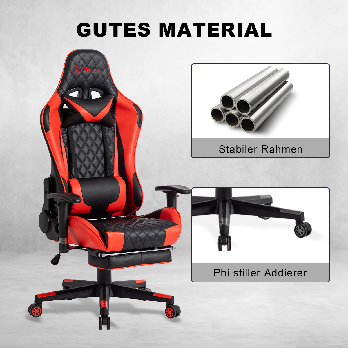 Roter und schwarzer Gaming-Stuhl mit Text: Gutes Material, Stabiler Rahmen, Phi stiller Addierer.