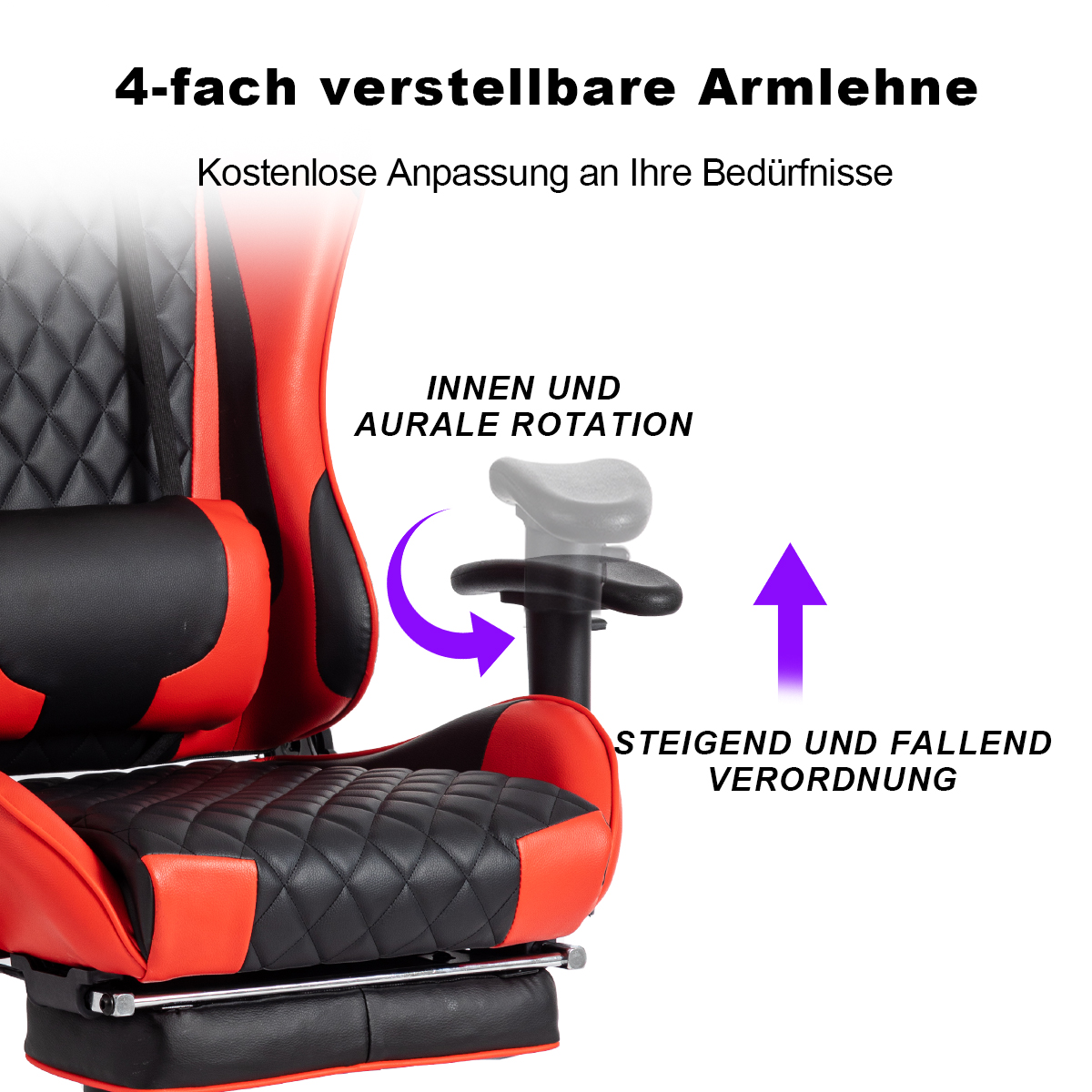 Ein roter und schwarzer Gaming-Stuhl. Einstellbare Armlehnen mit Pfeilen für Drehung und Einstellung.