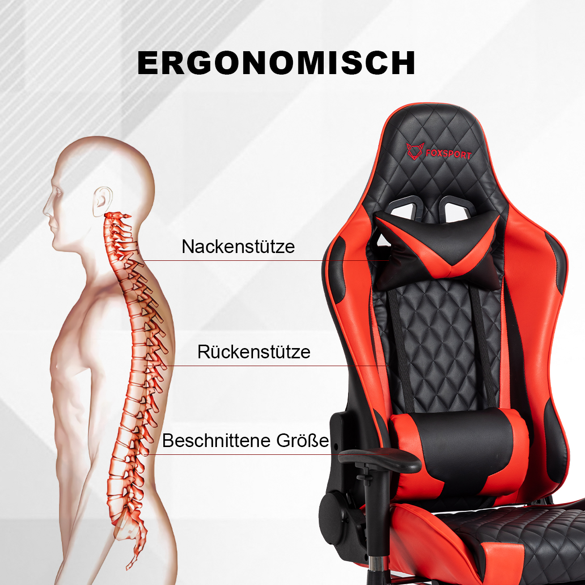 Ergonomischer Gaming-Stuhl in Rot und Schwarz mit Wirbelsäulendiagramm.
