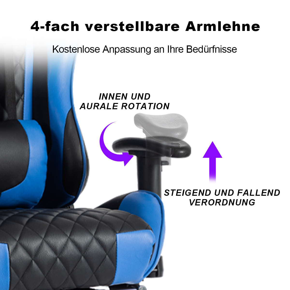 Gaming-Stuhl mit blauen und schwarzen Details. Zeigt verstellbare Armlehne.
