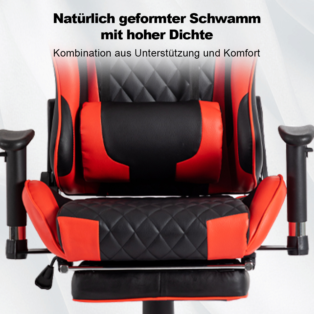 Roter und schwarzer Gaming-Stuhl mit gepolstertem Sitz und Rückenlehne, schwarzen Armlehnen.