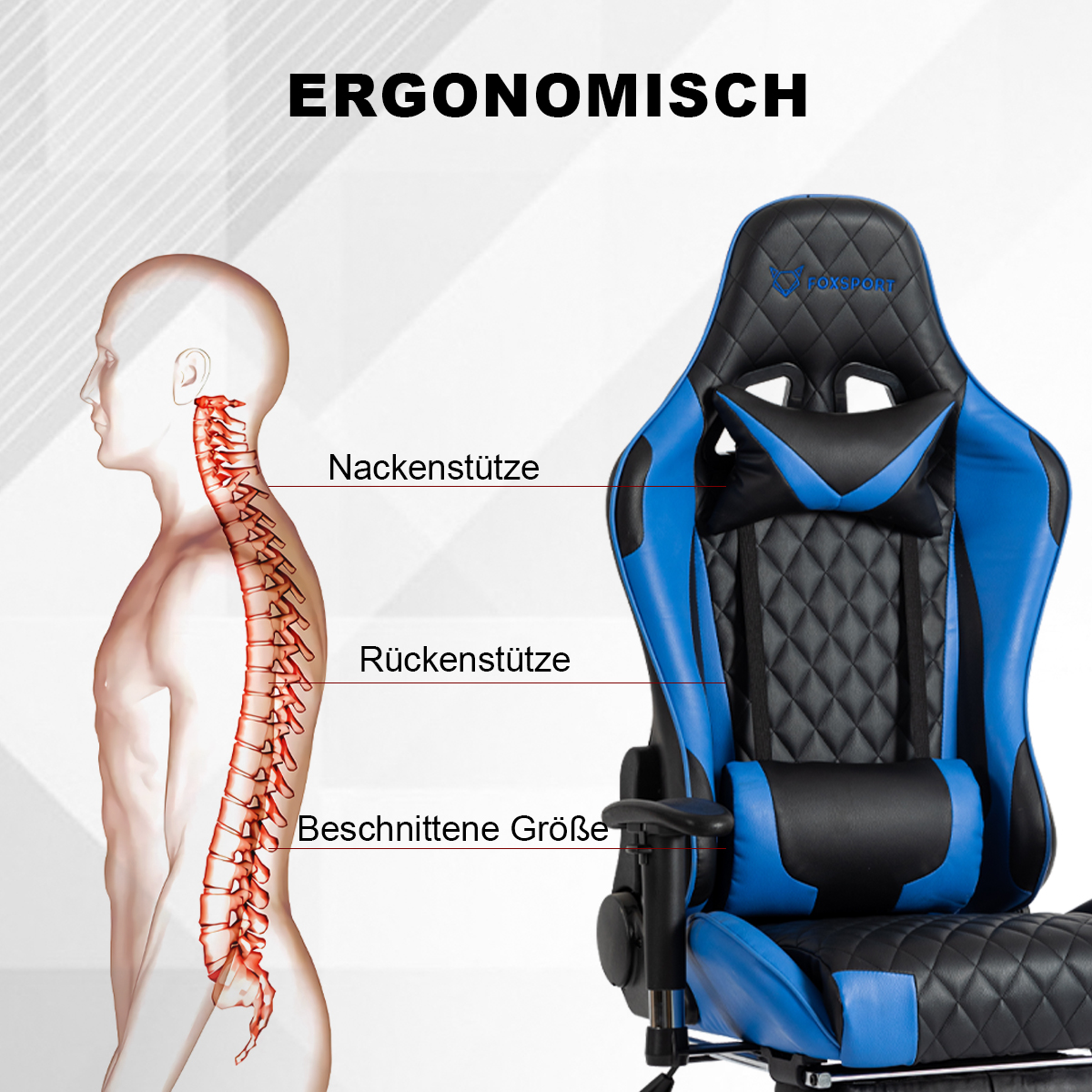 Ein ergonomischer Gaming-Stuhl mit blauen und schwarzen Akzenten. Links ist eine Wirbelsäulendiagramm.