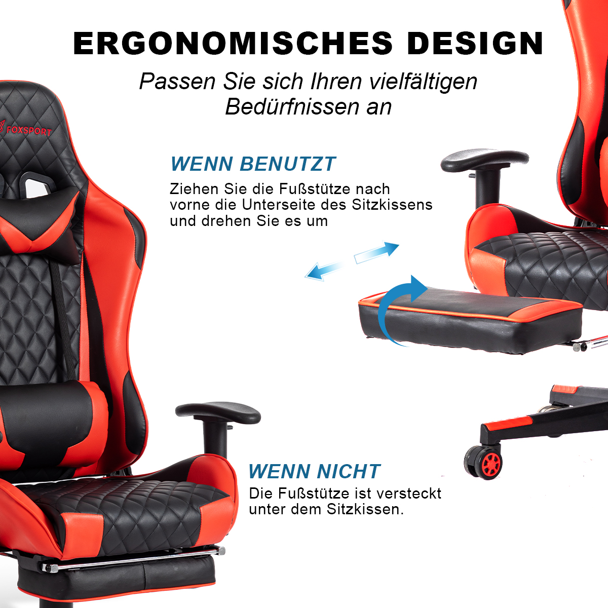 Diagramm eines rot-schwarzen Gaming-Stuhls. Fußstützendetail, zeigt die Benutzung und das Verstecken.