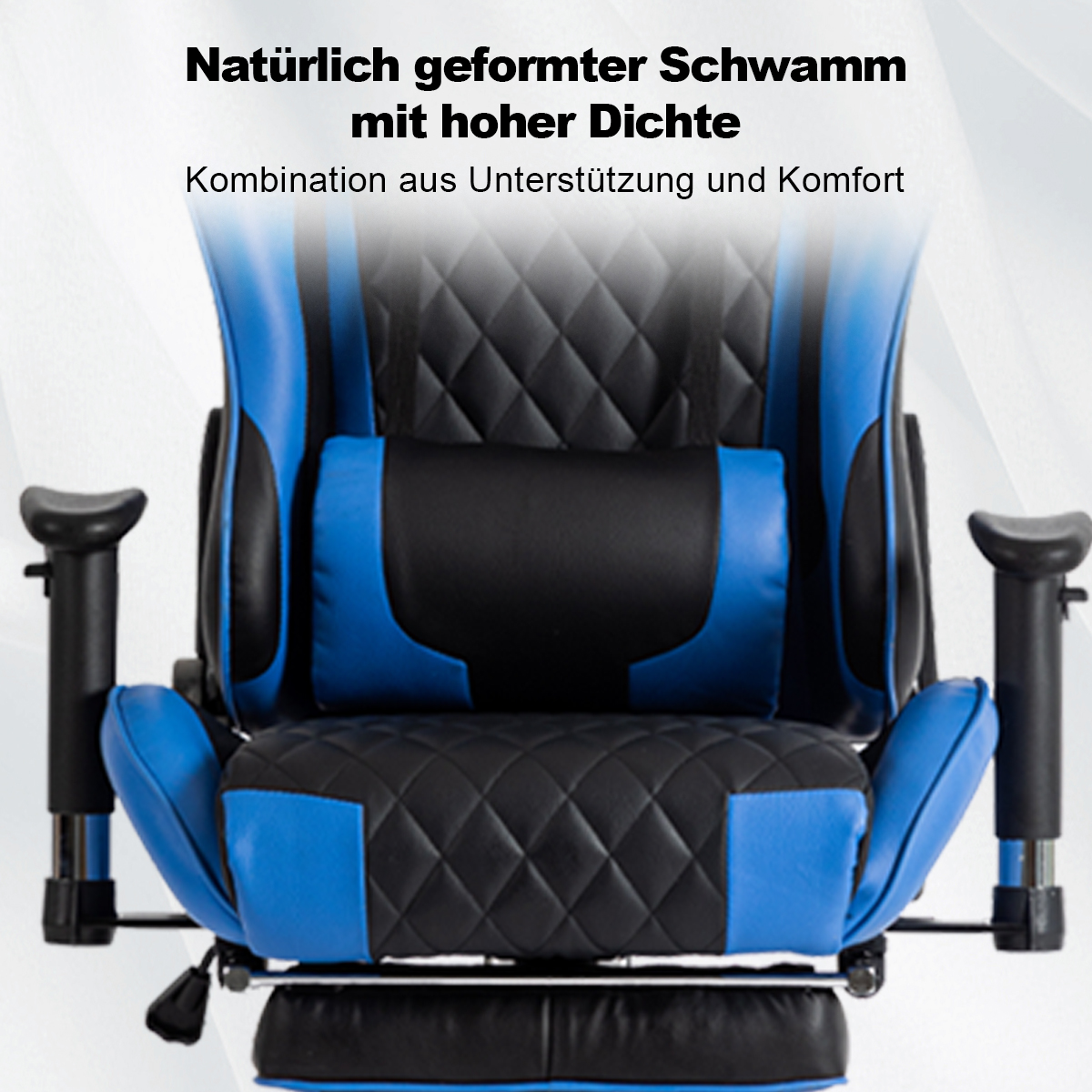 Ein blau-schwarzer Gaming-Stuhl mit Kopfstütze und Armlehnen.