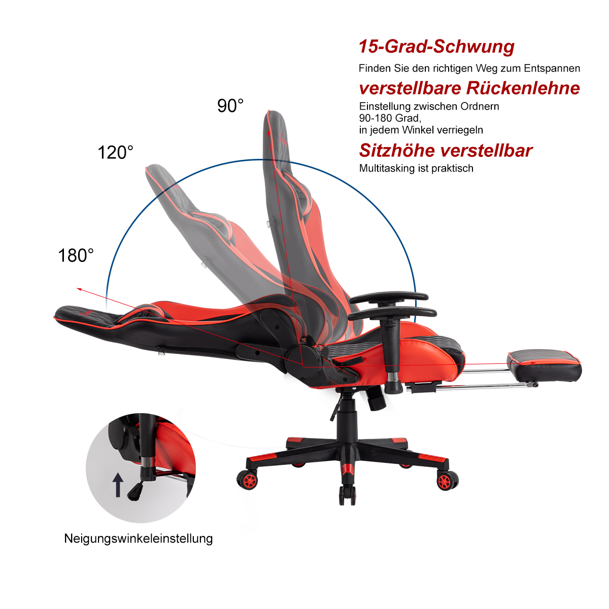 Roter und schwarzer Gaming-Stuhl mit verstellbarer Rückenlehne und Fußstütze. Zeigt Winkel.