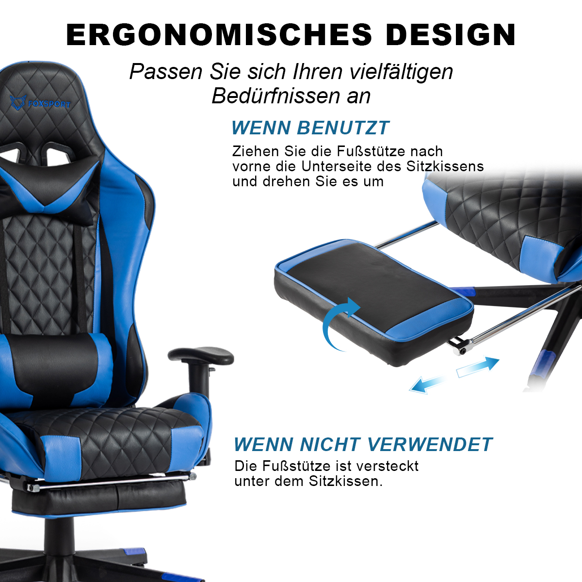 Ergonomischer Gaming-Stuhl, blau und schwarz. Anweisungen zur Nutzung der Fußstütze.